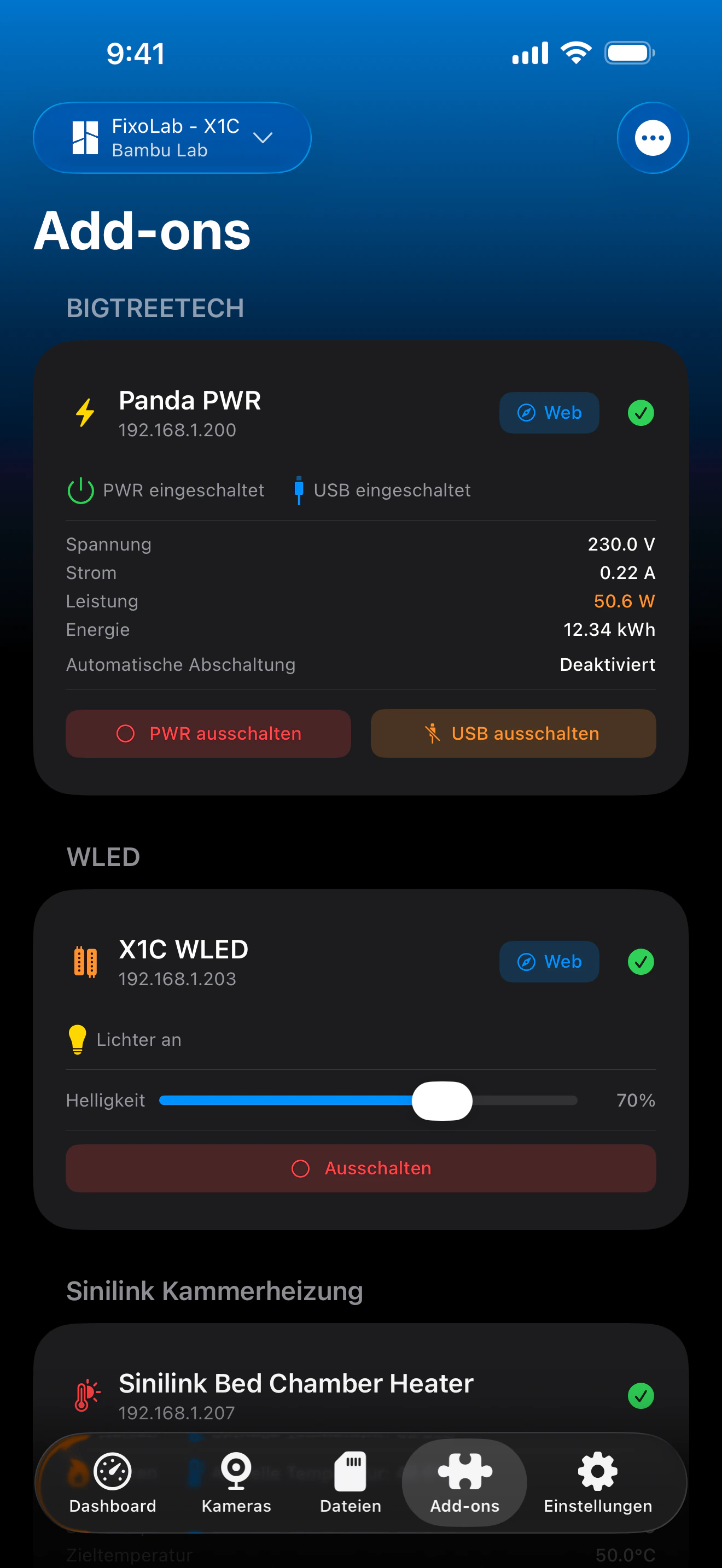 Screenshot des BIGTREETECH-Dashboards von Printer Tools