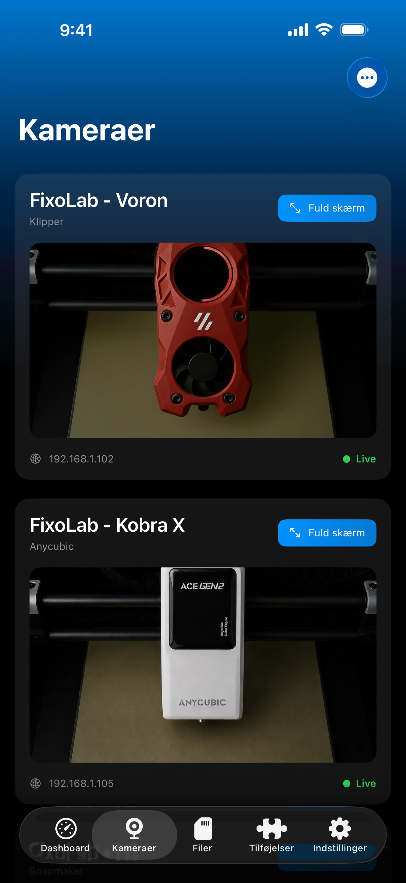 Skærmbillede af Printer Tools External Cameras-dashboard