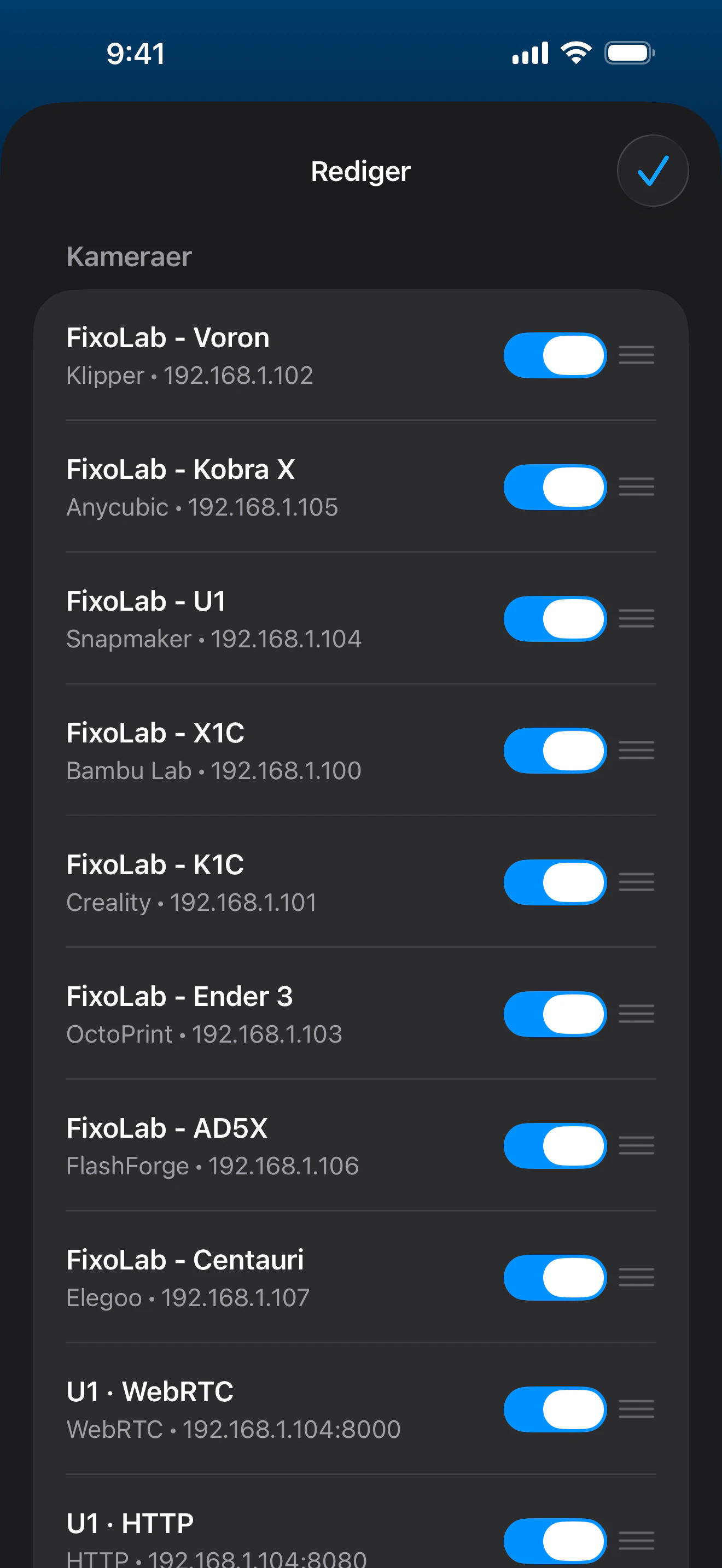 Skærmbillede af Printer Tools External Cameras-dashboard