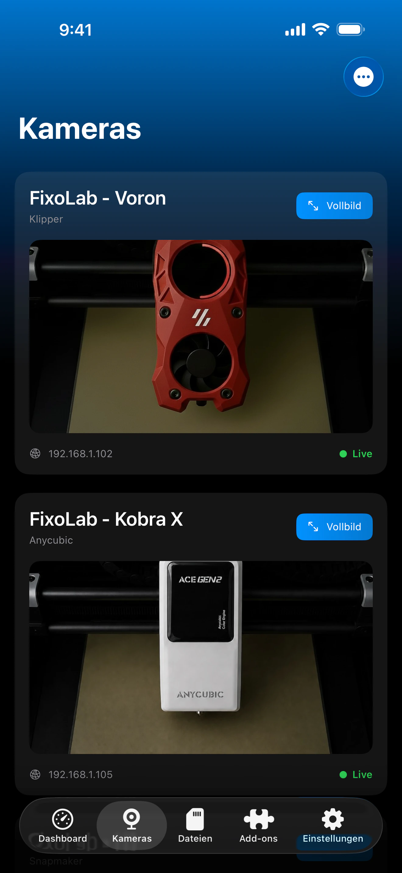 Screenshot des External Cameras-Dashboards von Printer Tools
