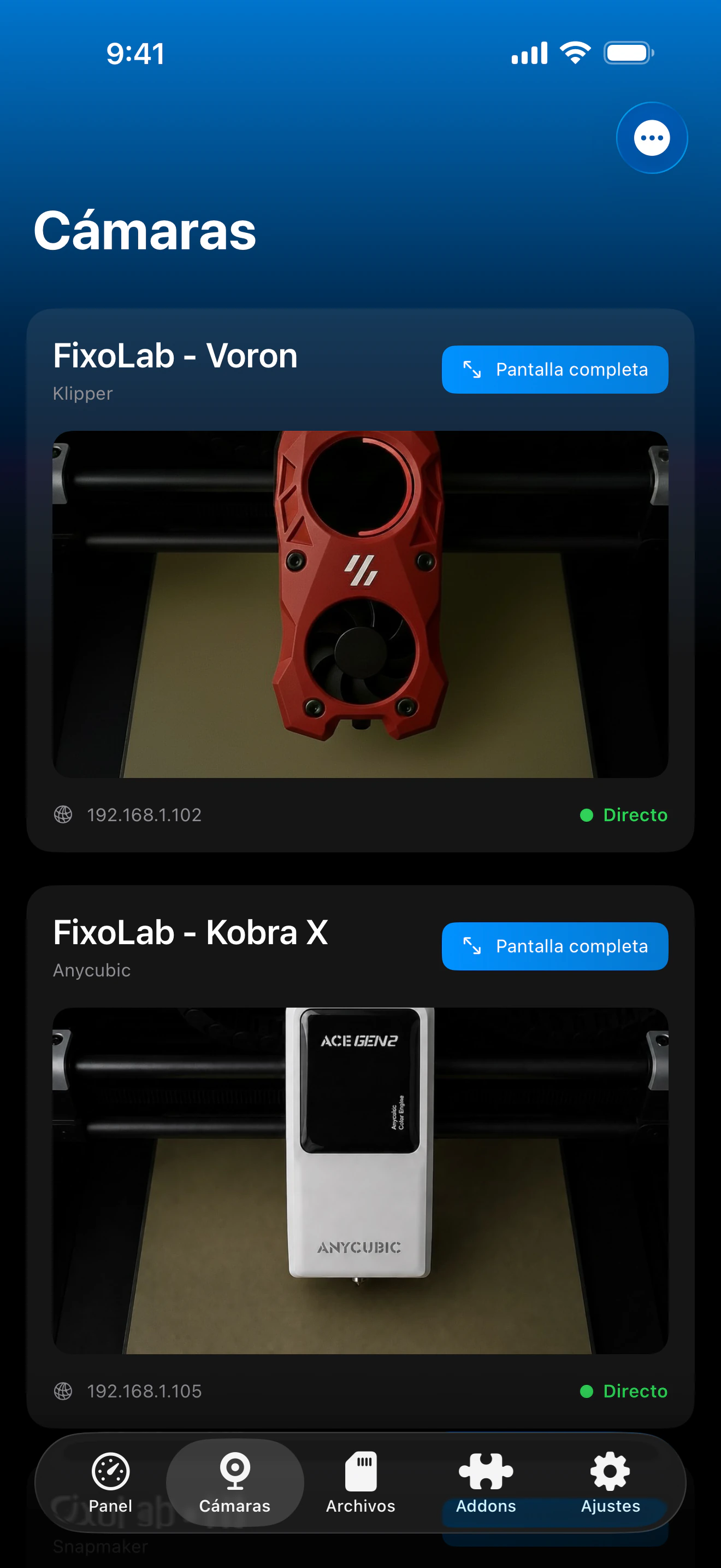 Captura del panel de External Cameras en Printer Tools