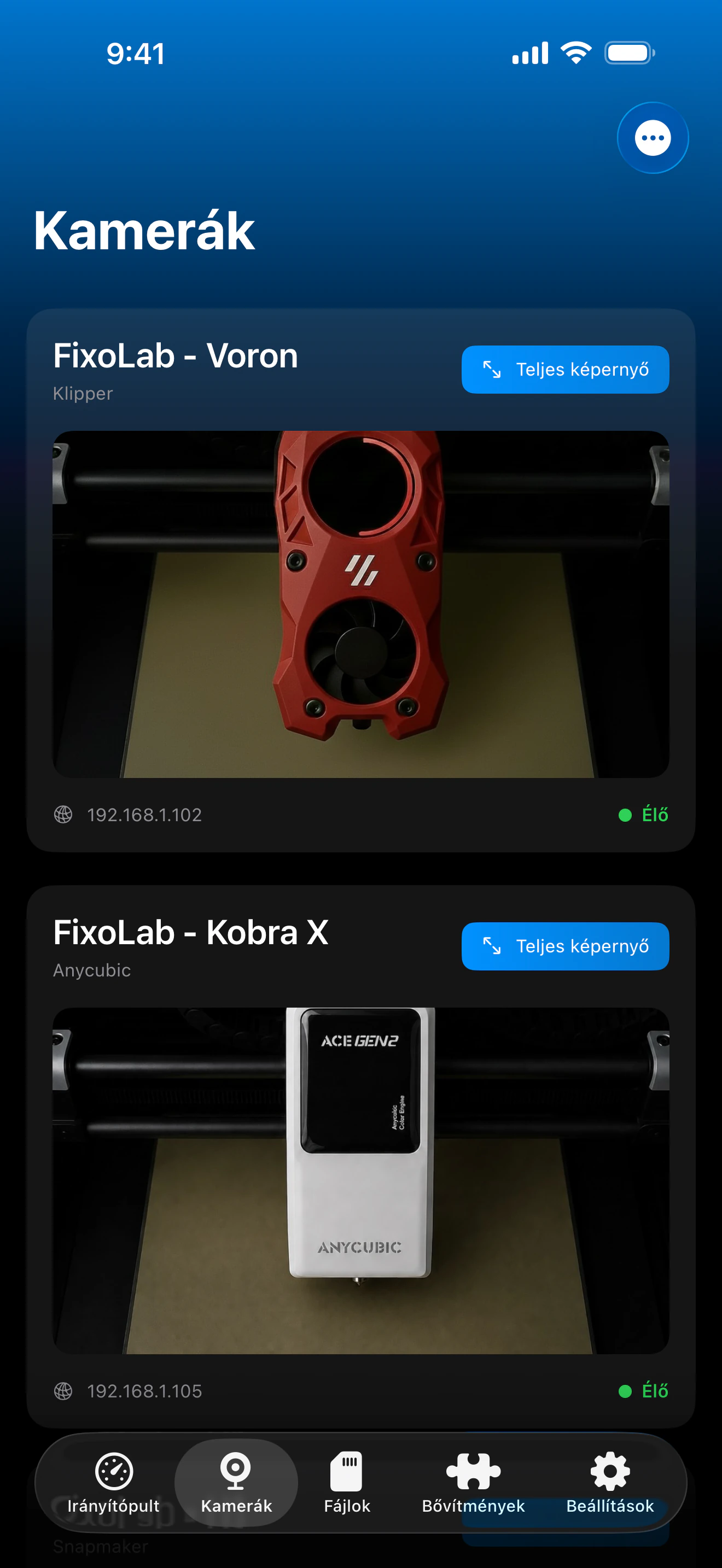 Printer Tools External Cameras irányítópult képernyőképe