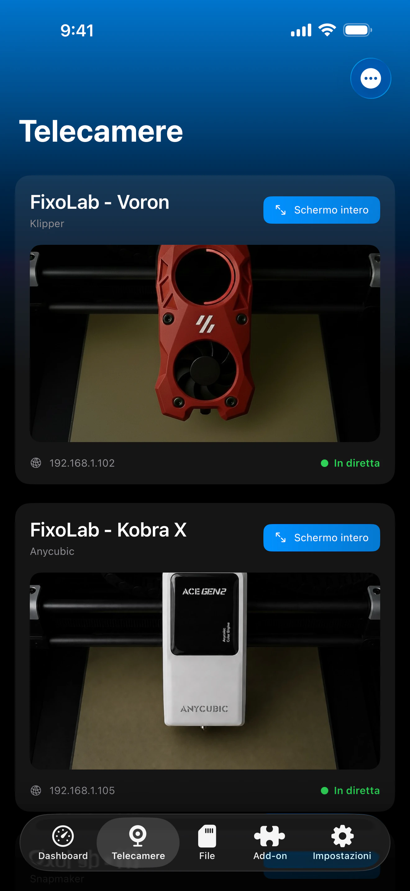 Screenshot della dashboard External Cameras di Printer Tools