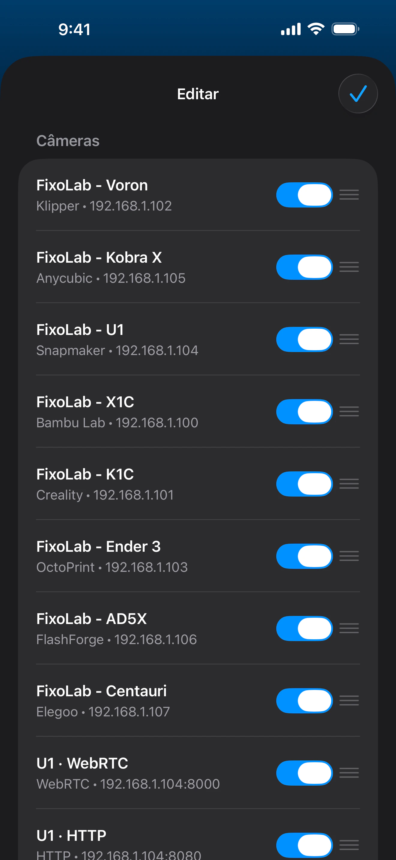 Captura de tela do painel External Cameras no Printer Tools