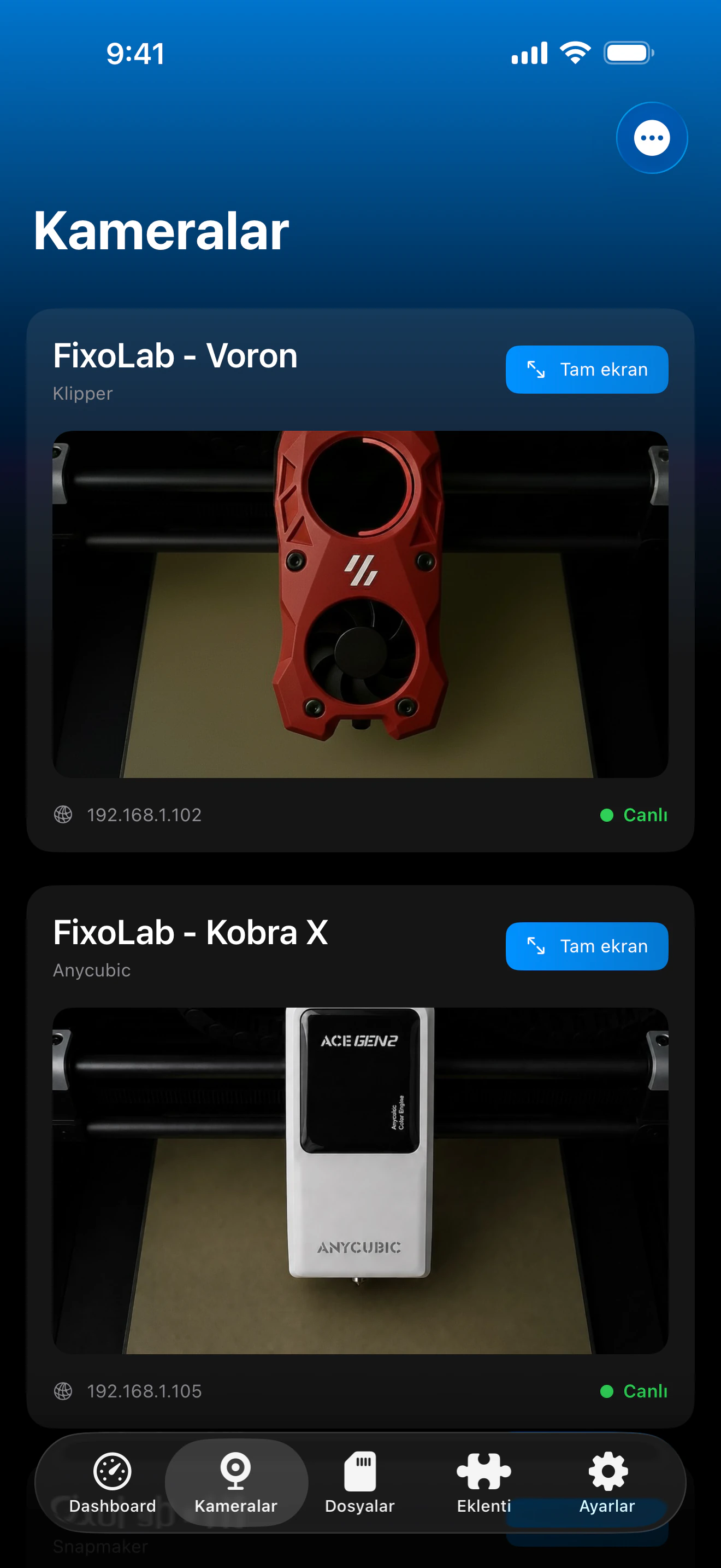 Printer Tools External Cameras kontrol paneli ekran görüntüsü