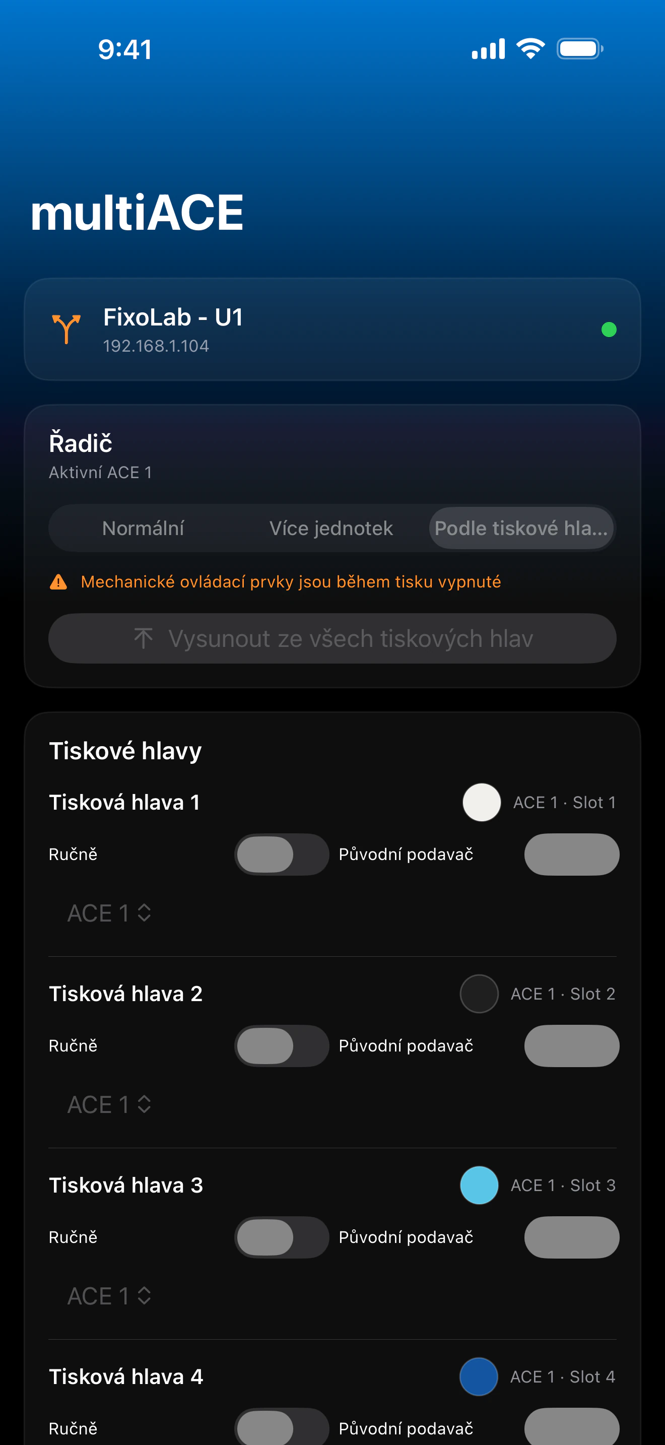 Snímek obrazovky panelu multiACE v Printer Tools