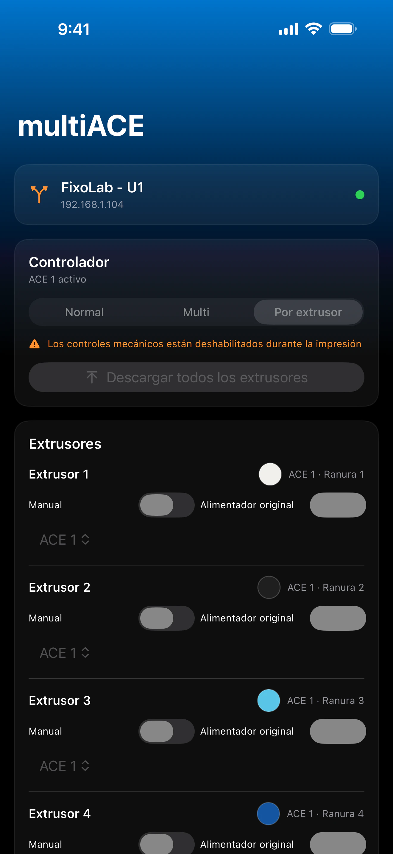 Captura del panel de multiACE en Printer Tools