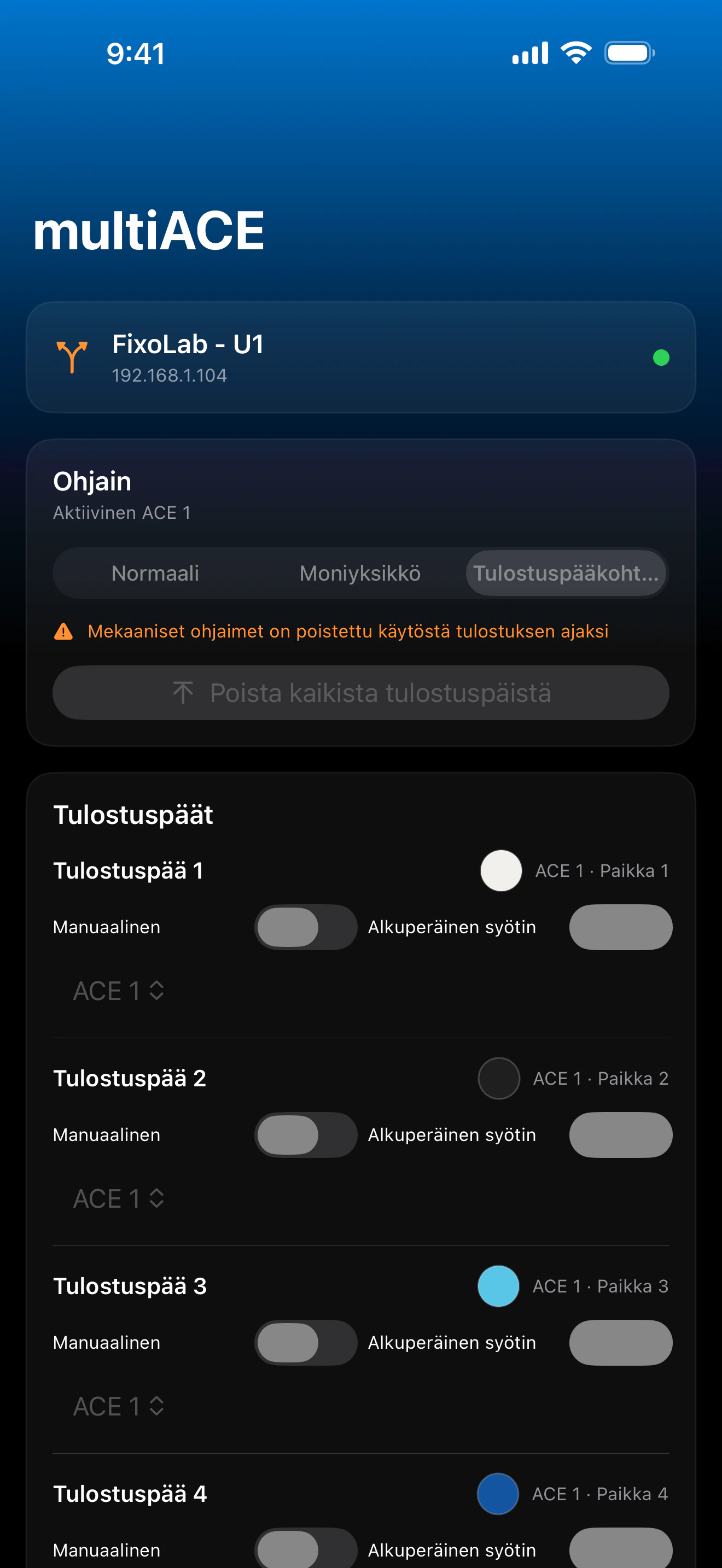 Kuvakaappaus Printer Toolsin multiACE-kojetaulusta