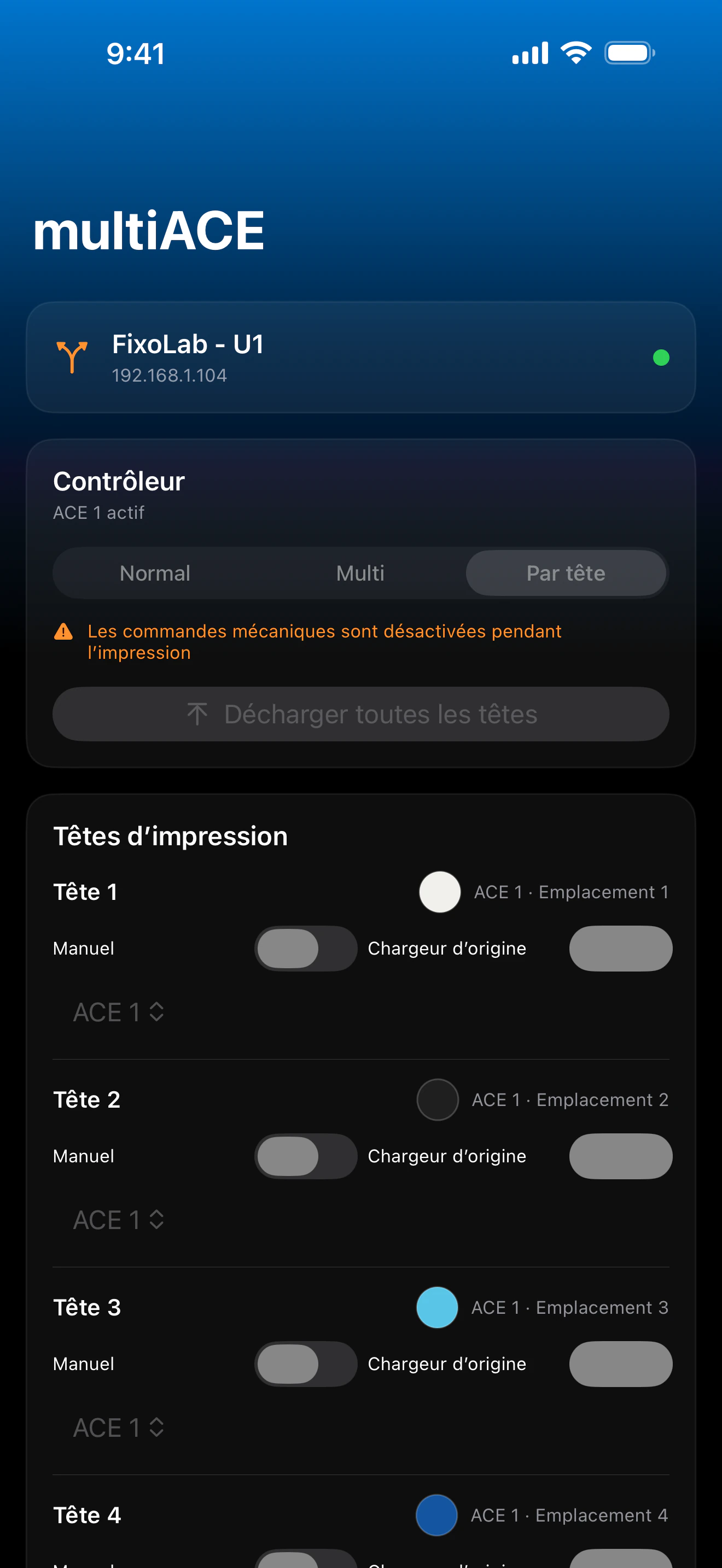 Capture d'écran du tableau de bord multiACE de Printer Tools