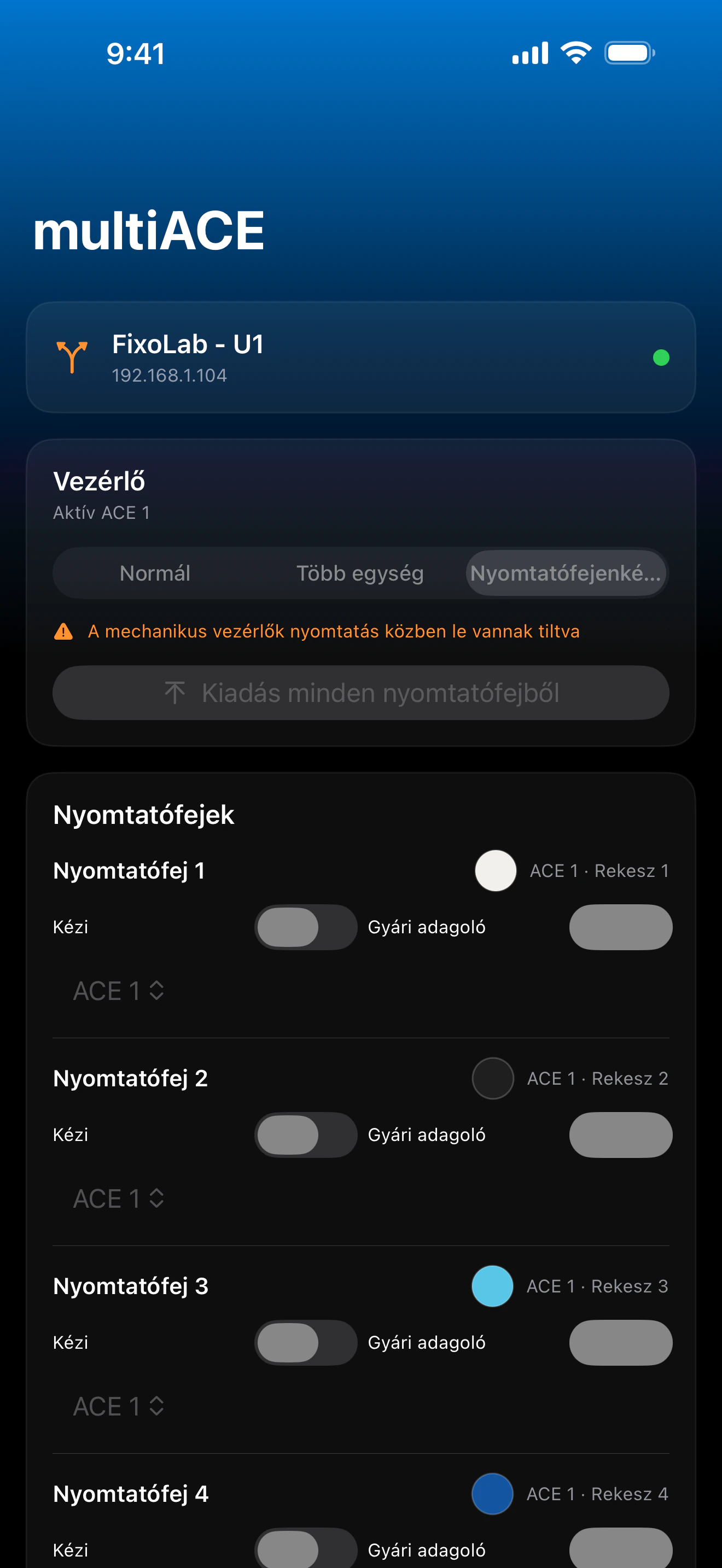 Printer Tools multiACE irányítópult képernyőképe