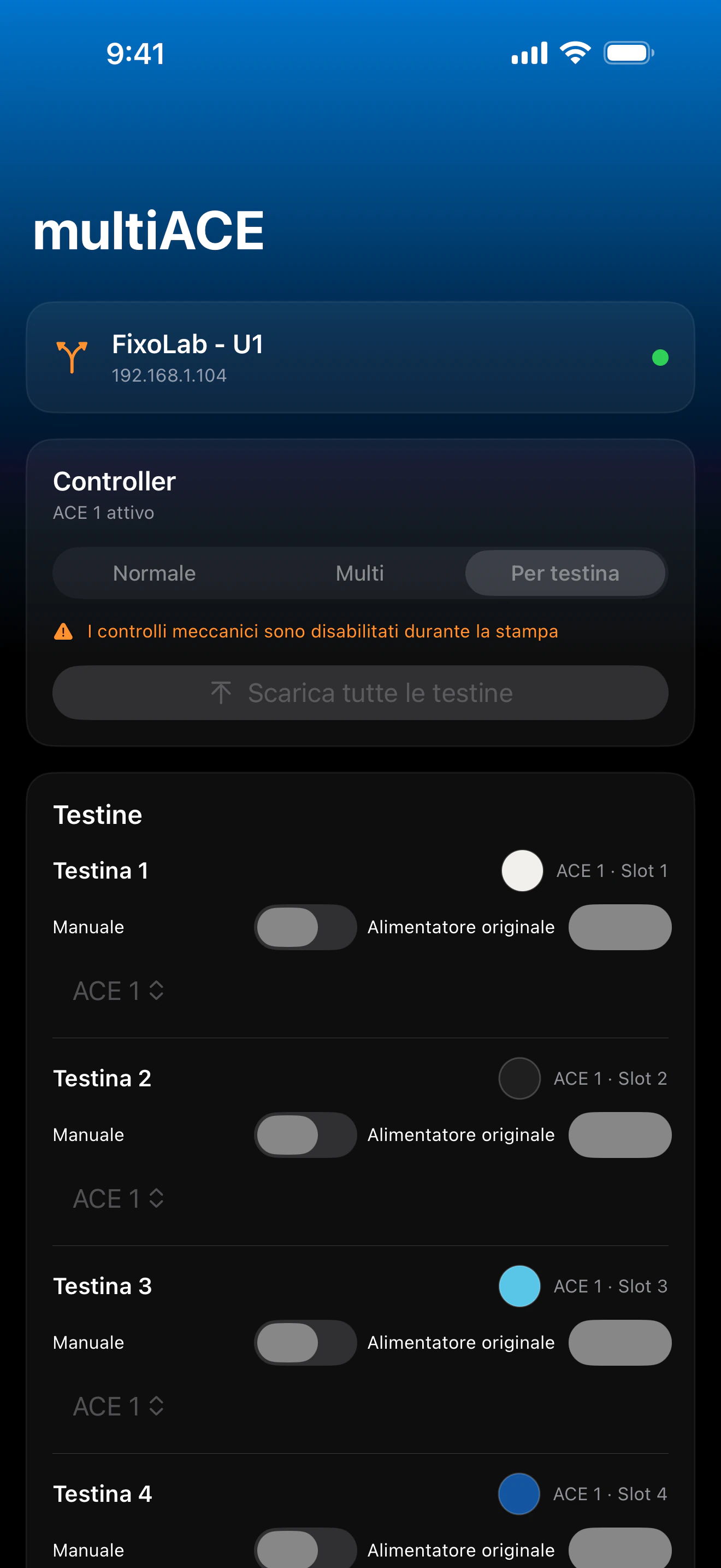 Screenshot della dashboard multiACE di Printer Tools