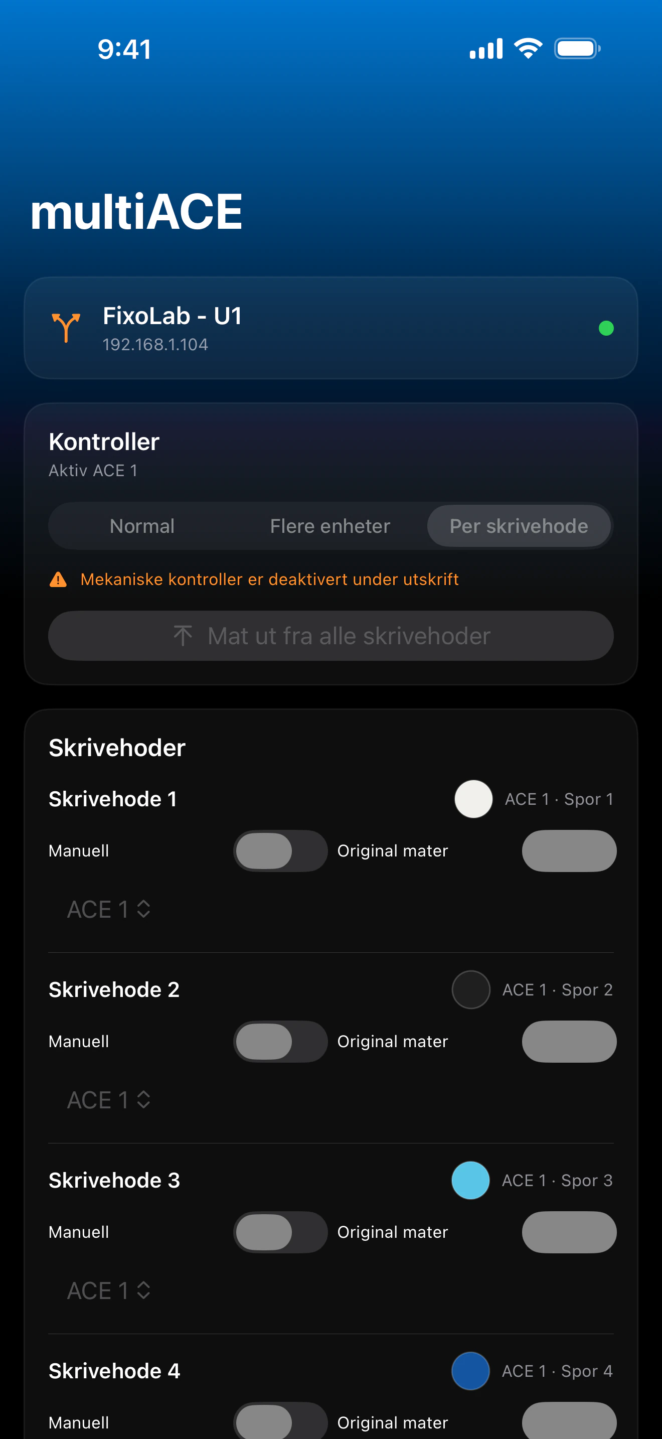 Skjermbilde av Printer Tools multiACE-dashbord