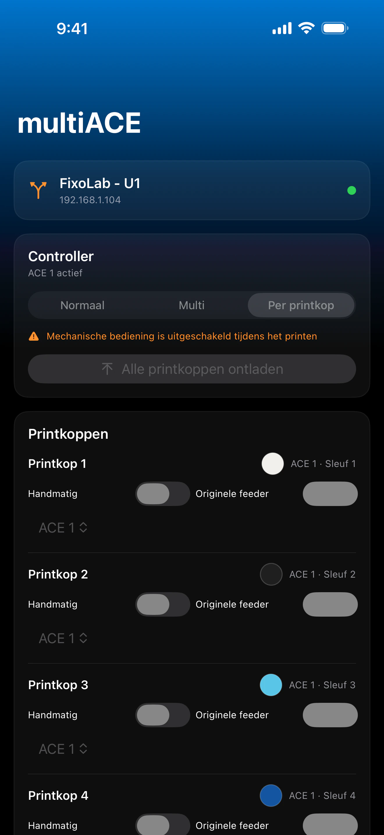 Screenshot van Printer Tools multiACE-dashboard