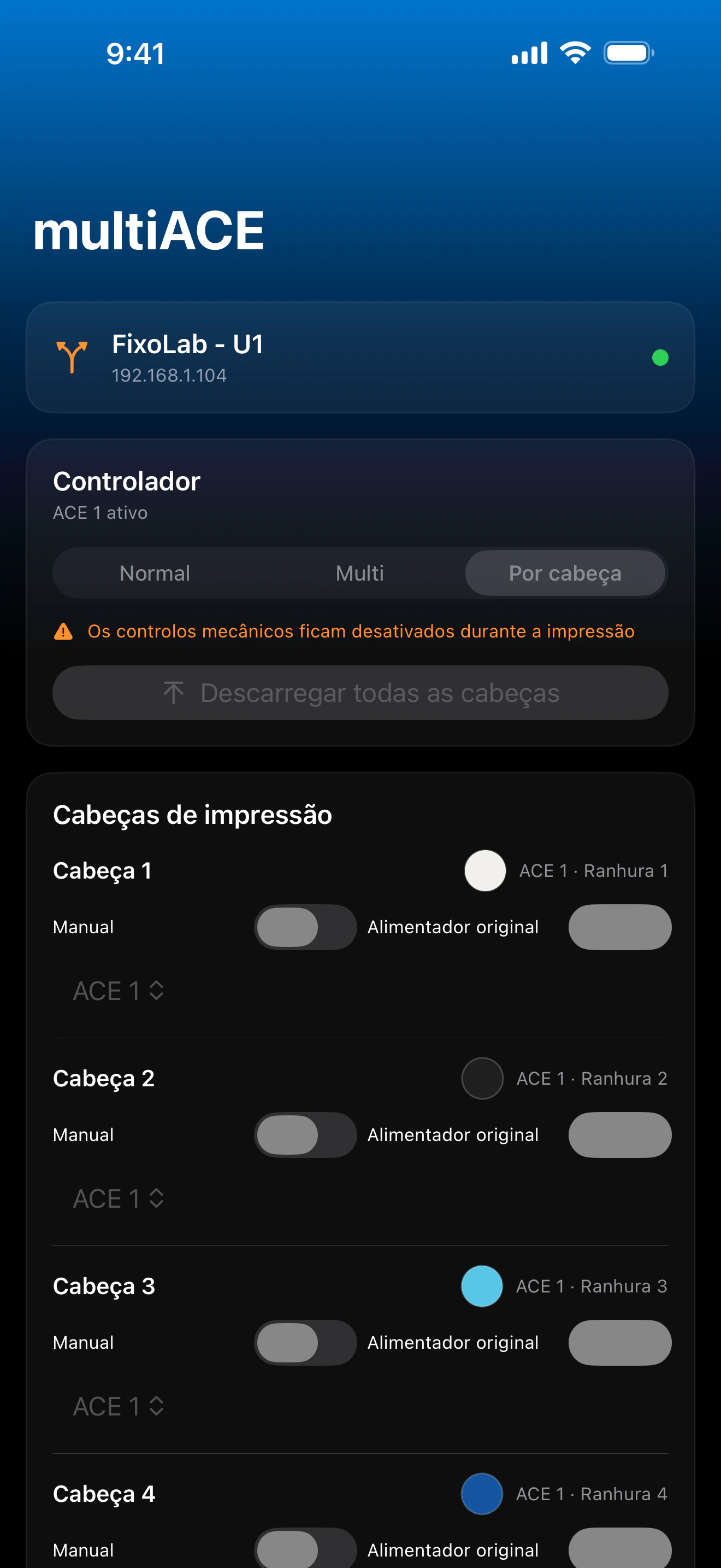 Captura de tela do painel multiACE no Printer Tools