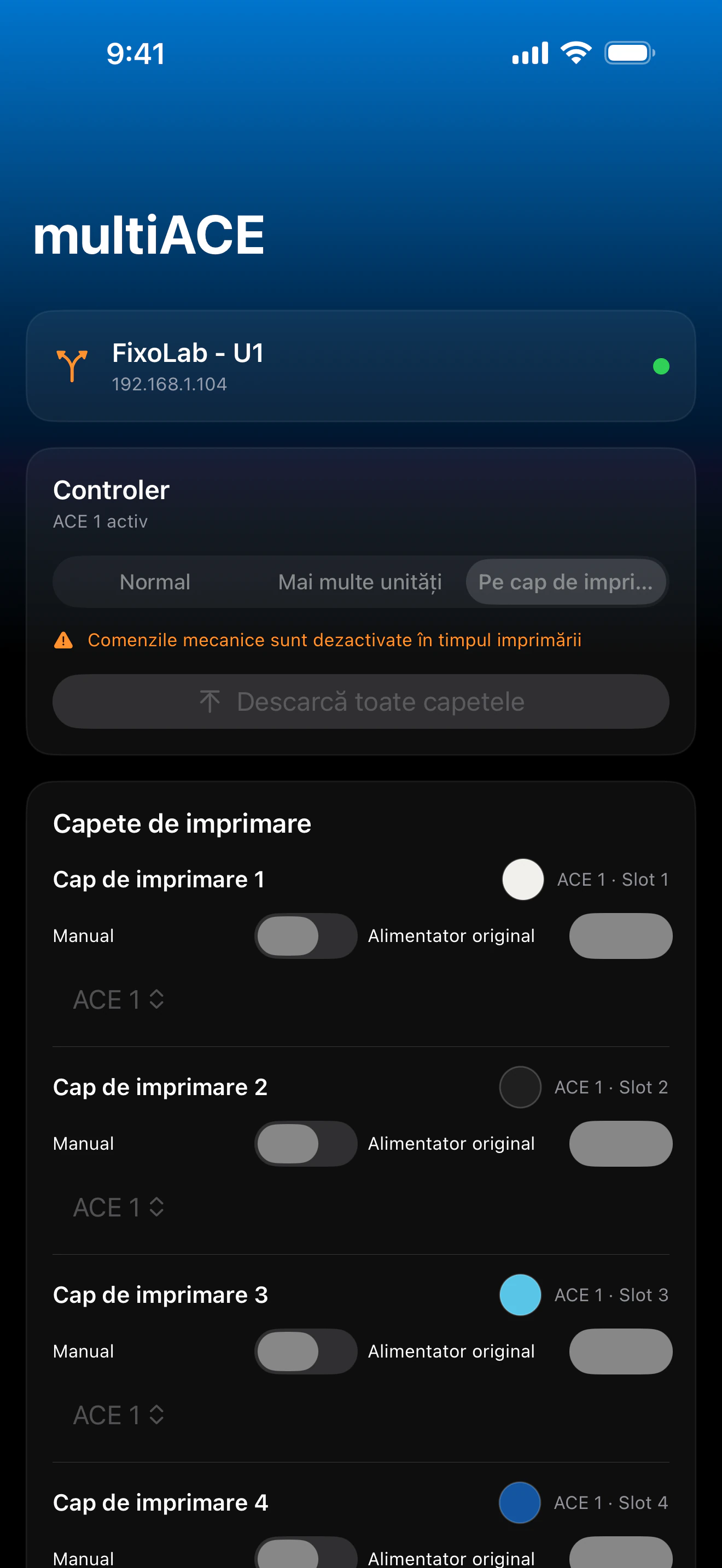 Captură de ecran a panoului multiACE din Printer Tools