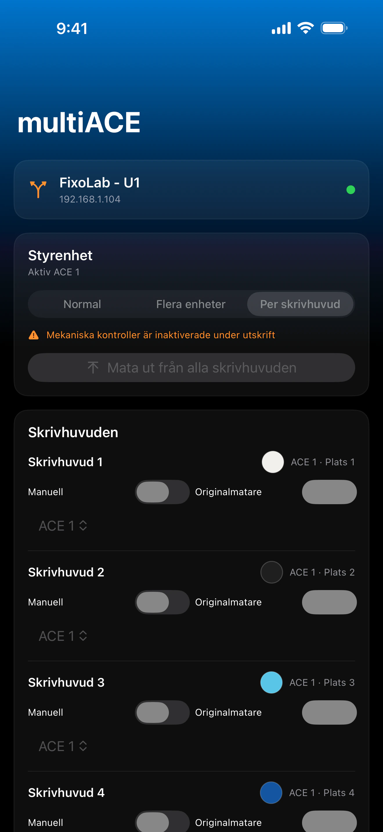 Skärmbild av Printer Tools multiACE-instrumentpanel