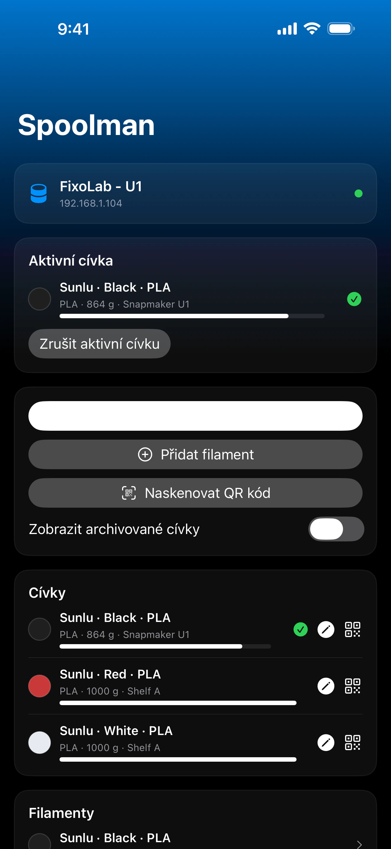 Snímek obrazovky panelu Spoolman v Printer Tools