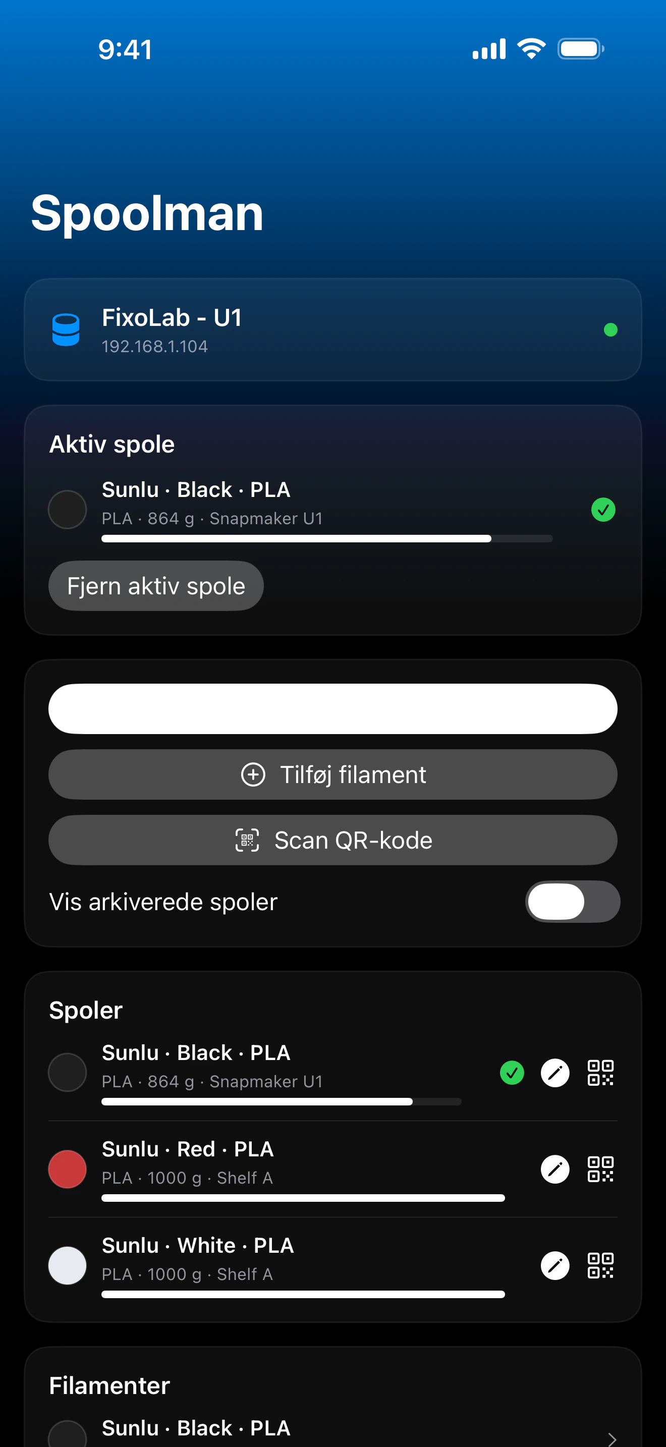 Skærmbillede af Printer Tools Spoolman-dashboard