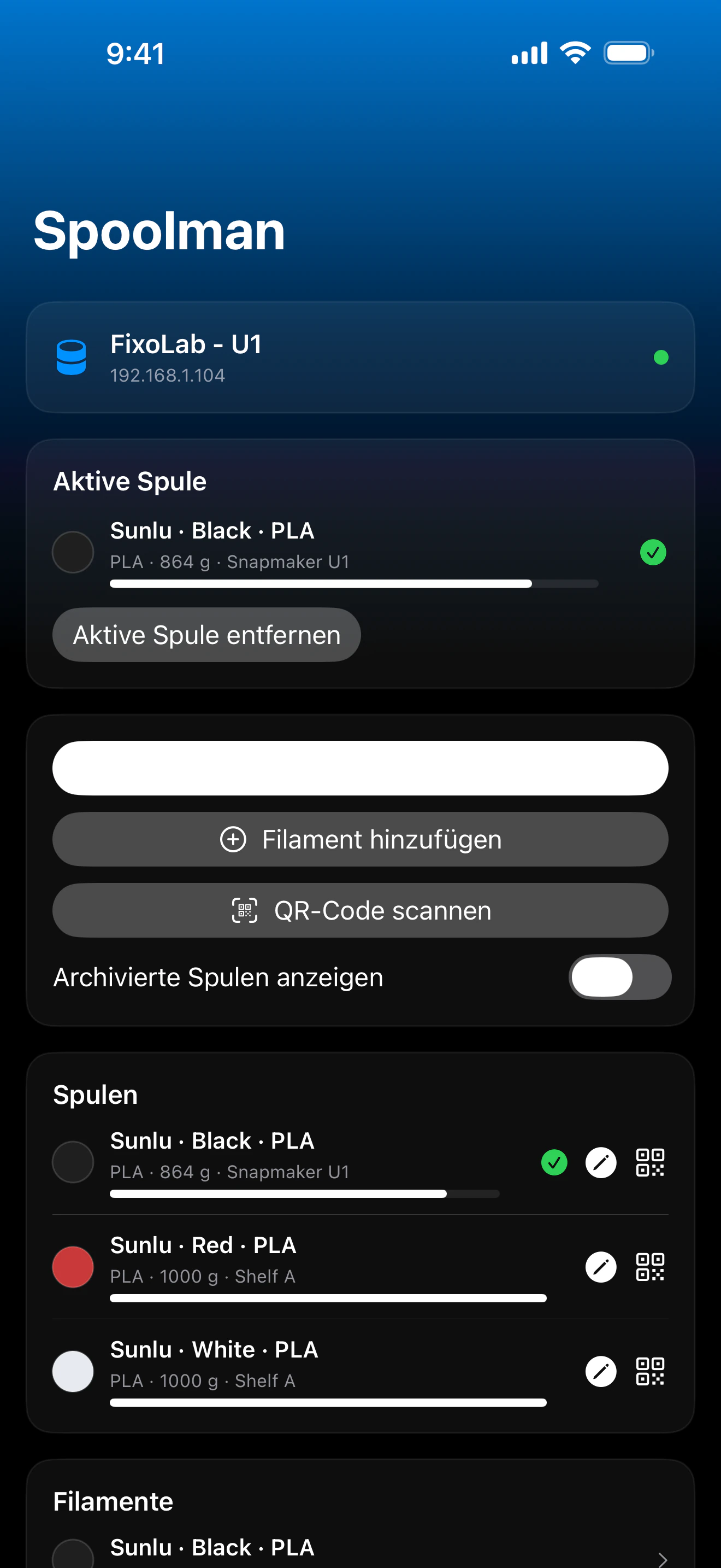 Screenshot des Spoolman-Dashboards von Printer Tools