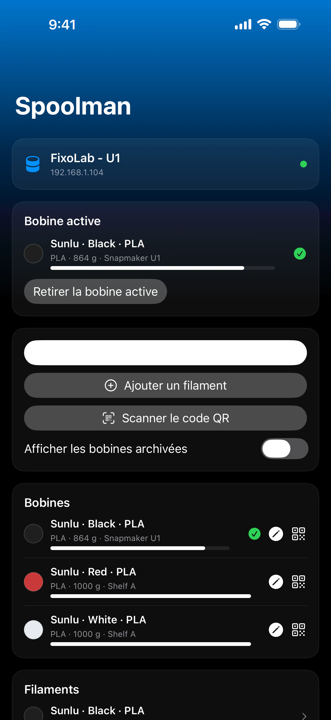 Capture d'écran du tableau de bord Spoolman de Printer Tools