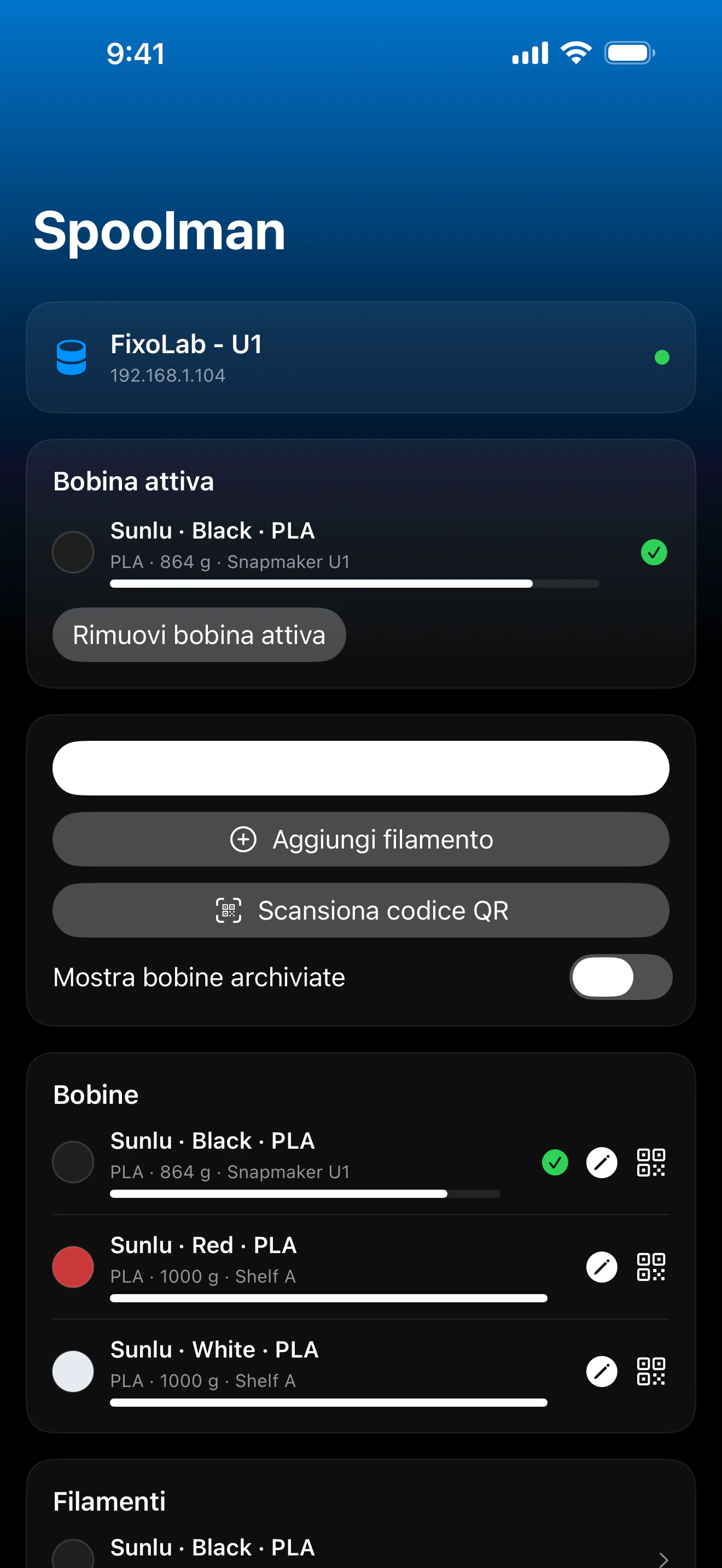Screenshot della dashboard Spoolman di Printer Tools