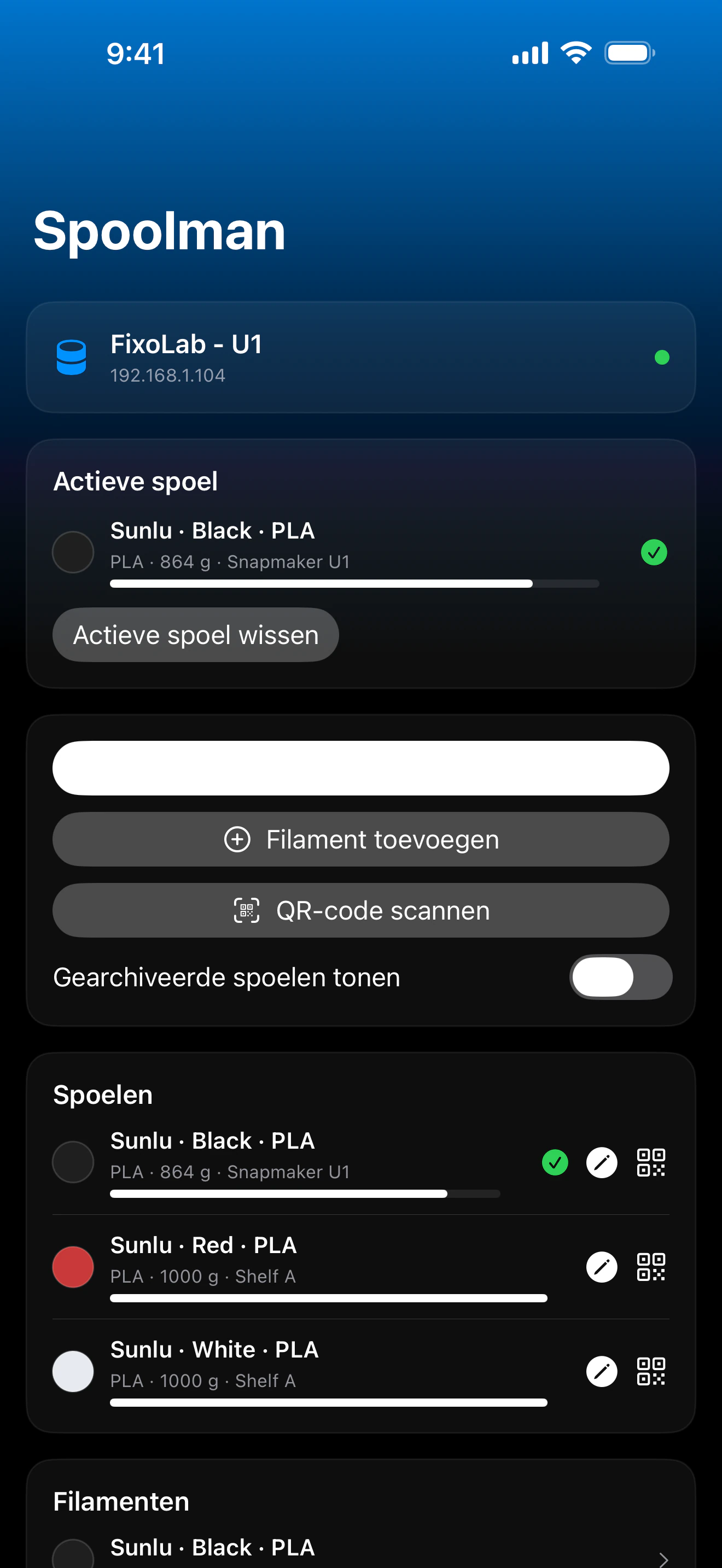 Screenshot van Printer Tools Spoolman-dashboard