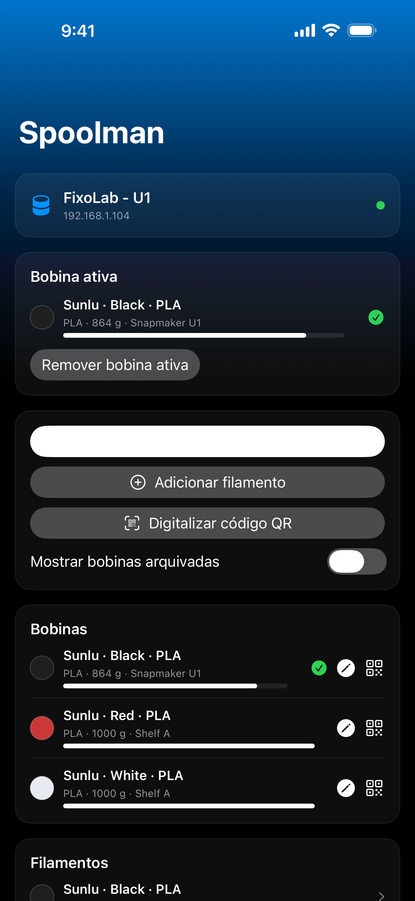 Captura de tela do painel Spoolman no Printer Tools