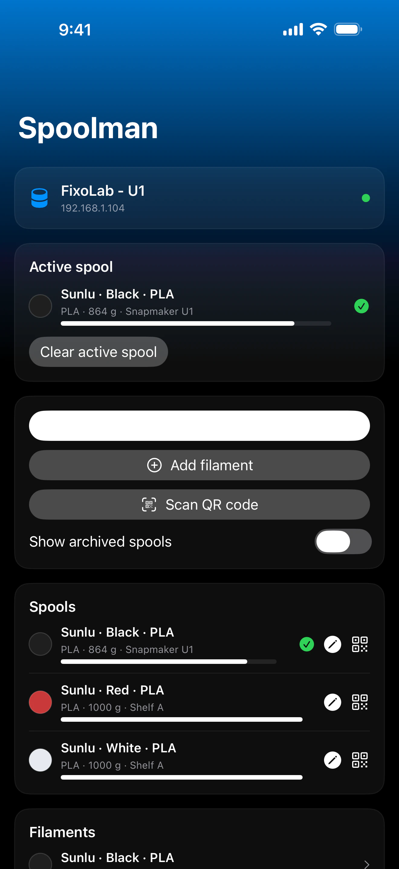 Printer Tools Spoolman dashboard screenshot