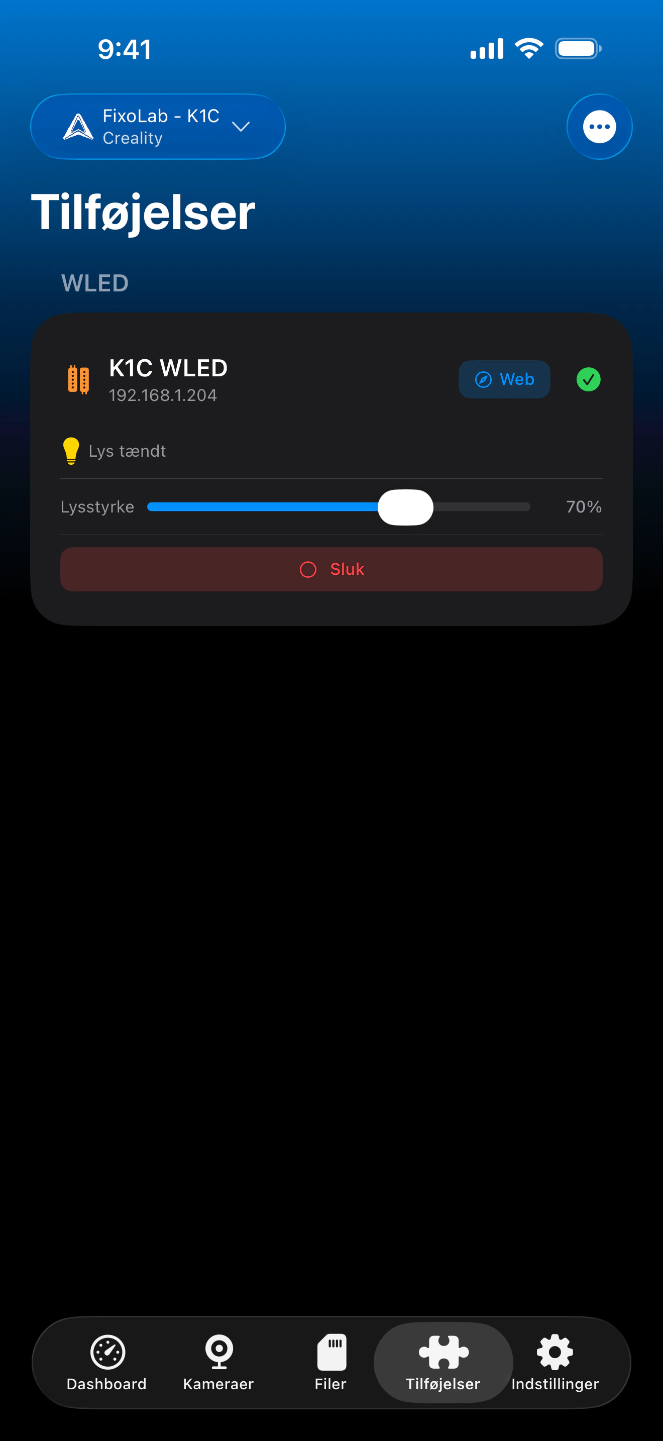 Skærmbillede af Printer Tools WLED-dashboard