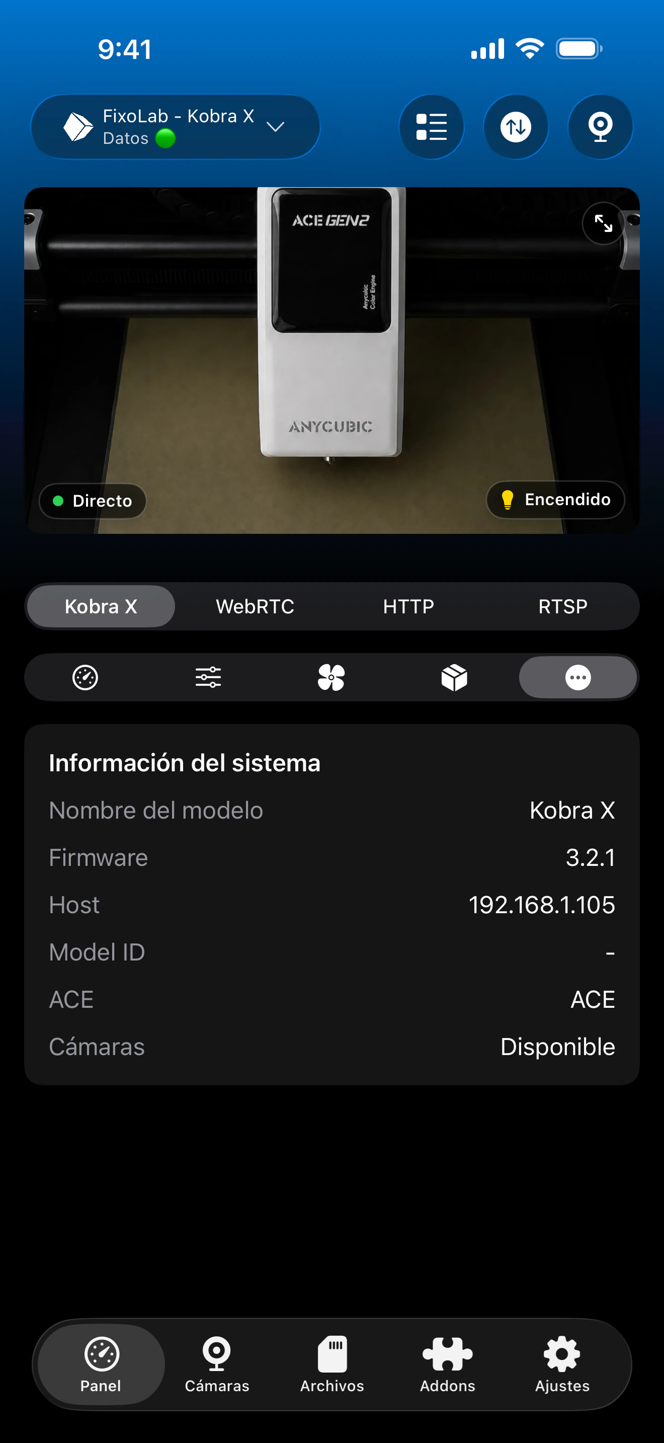 Panel de información adicional Anycubic en Printer Tools