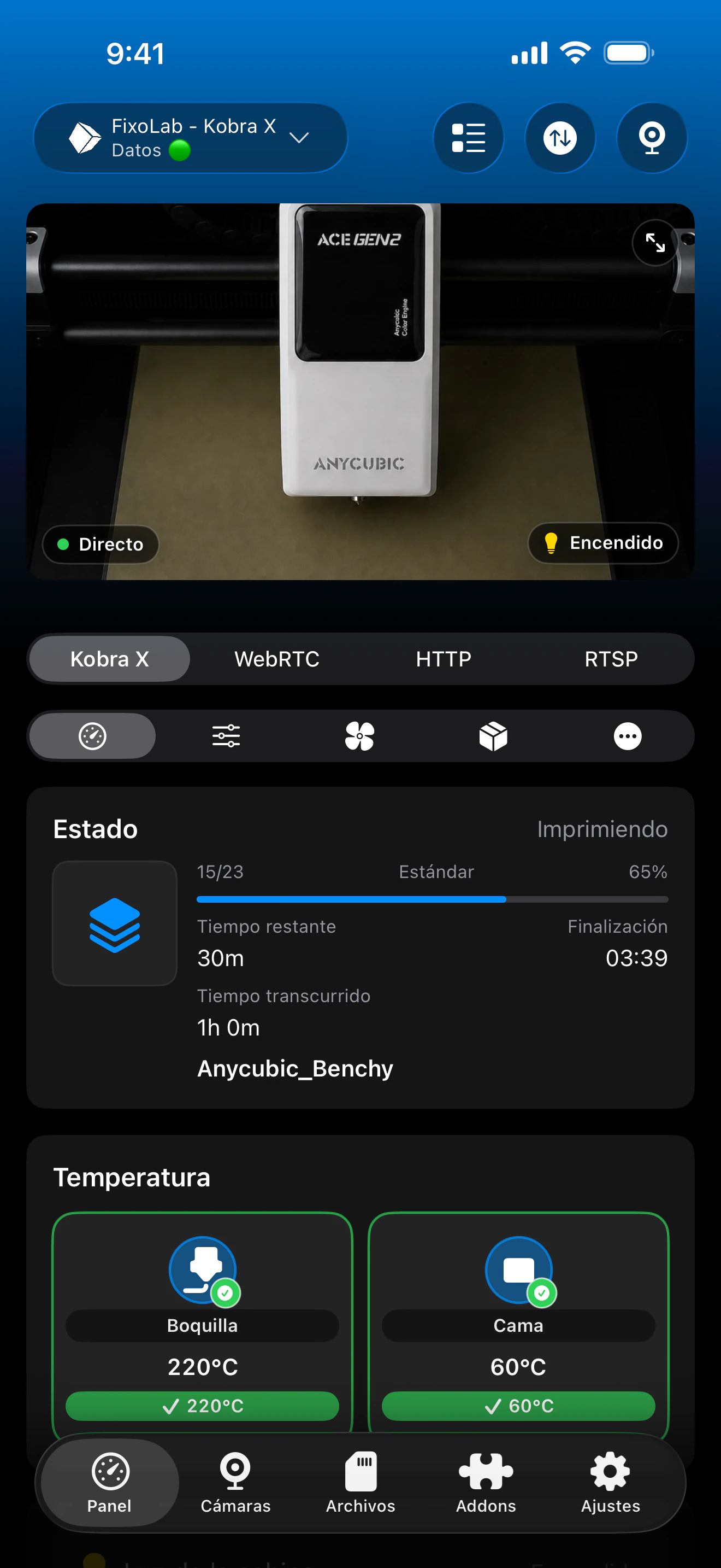 Captura del panel de Anycubic en Printer Tools