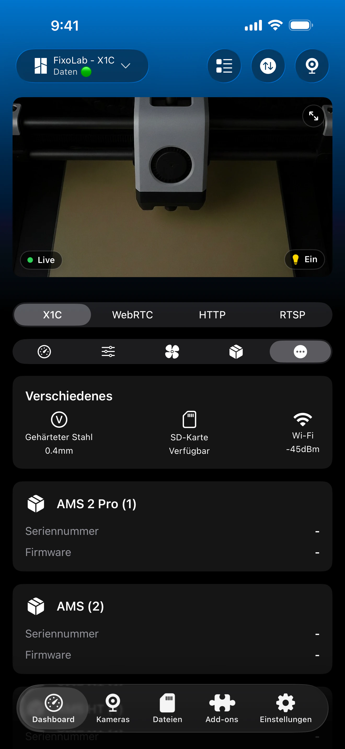Bambu-Lab-Übersichts-Dashboard in Printer Tools