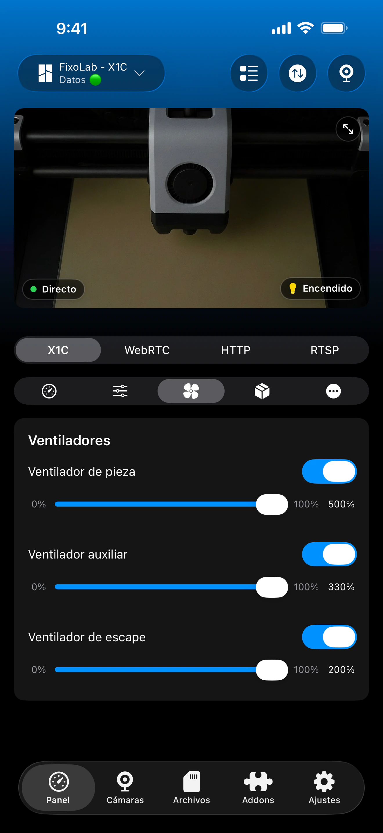 Controles de ventiladores Bambu Lab en Printer Tools