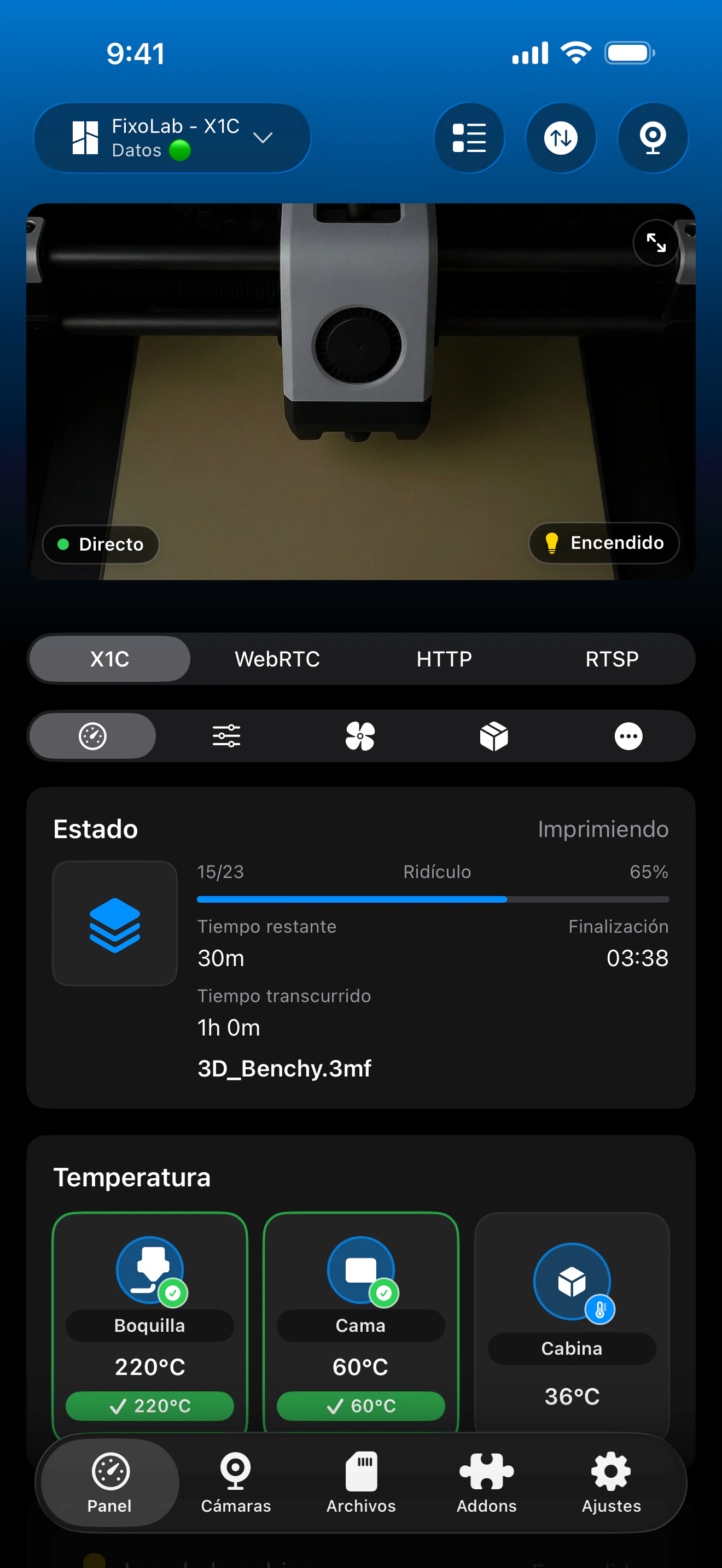 Captura del panel de Bambu Lab en Printer Tools