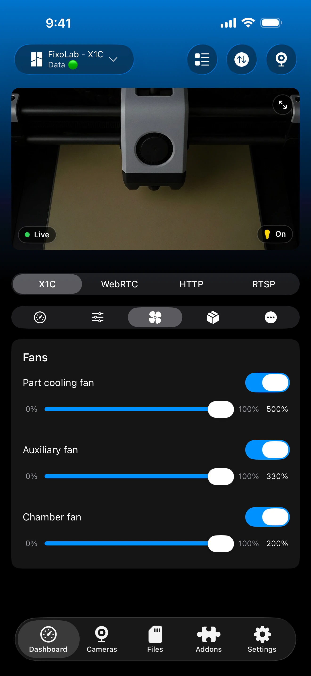 Bambu Lab fan controls in Printer Tools