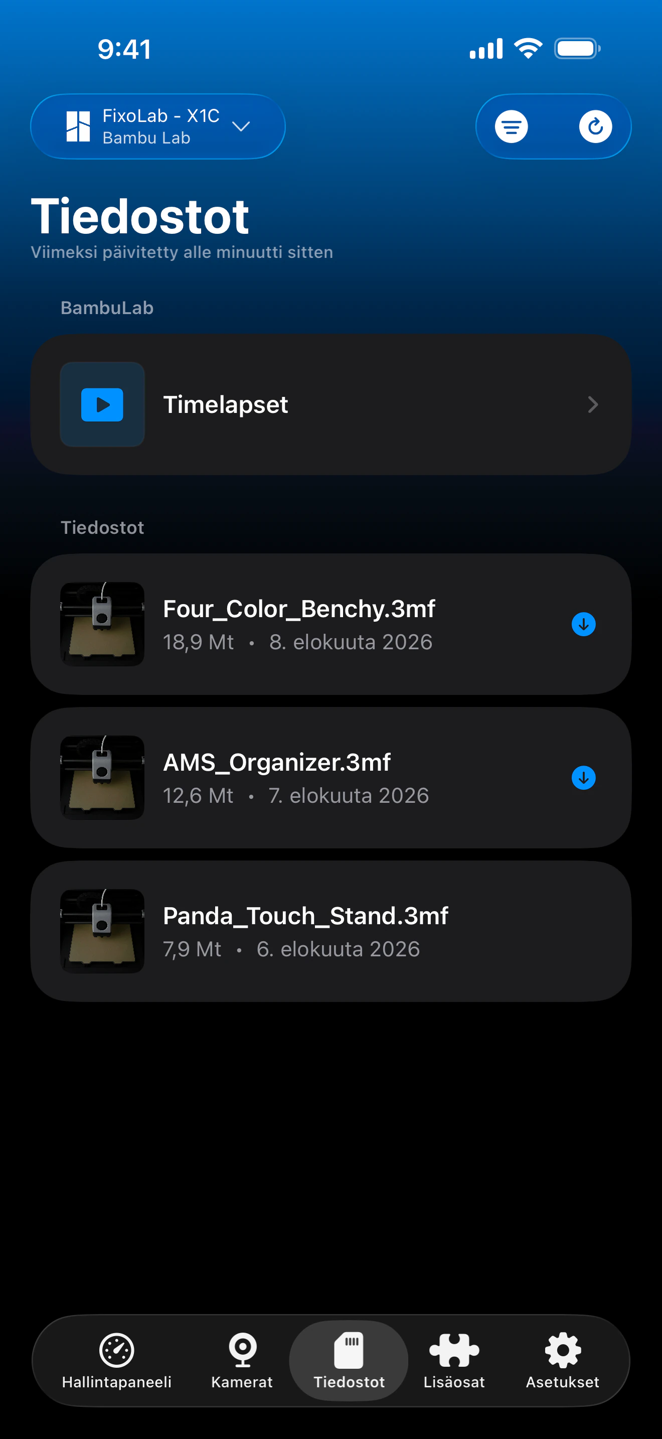 Bambu Lab -tulostushistoria Printer Toolsissa