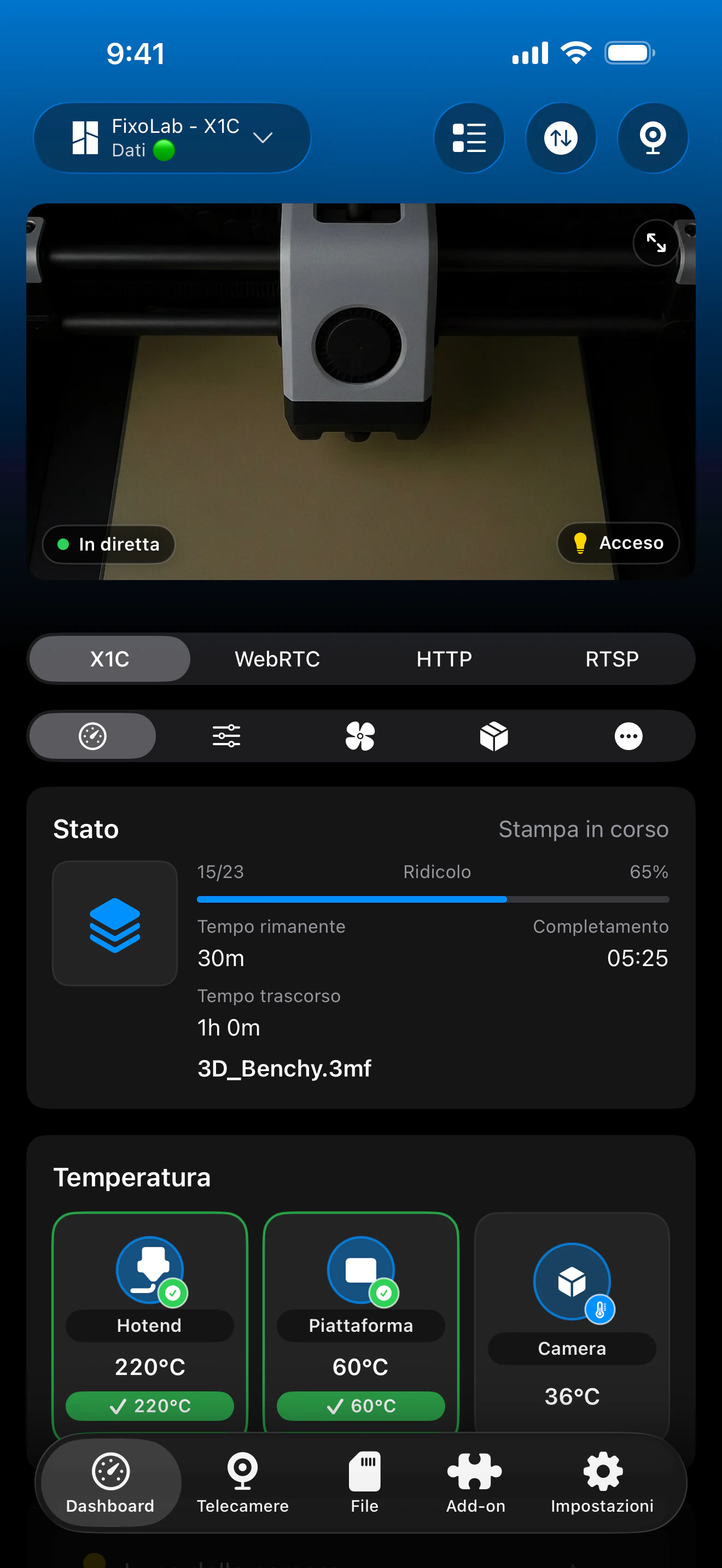 Screenshot della dashboard Bambu Lab di Printer Tools