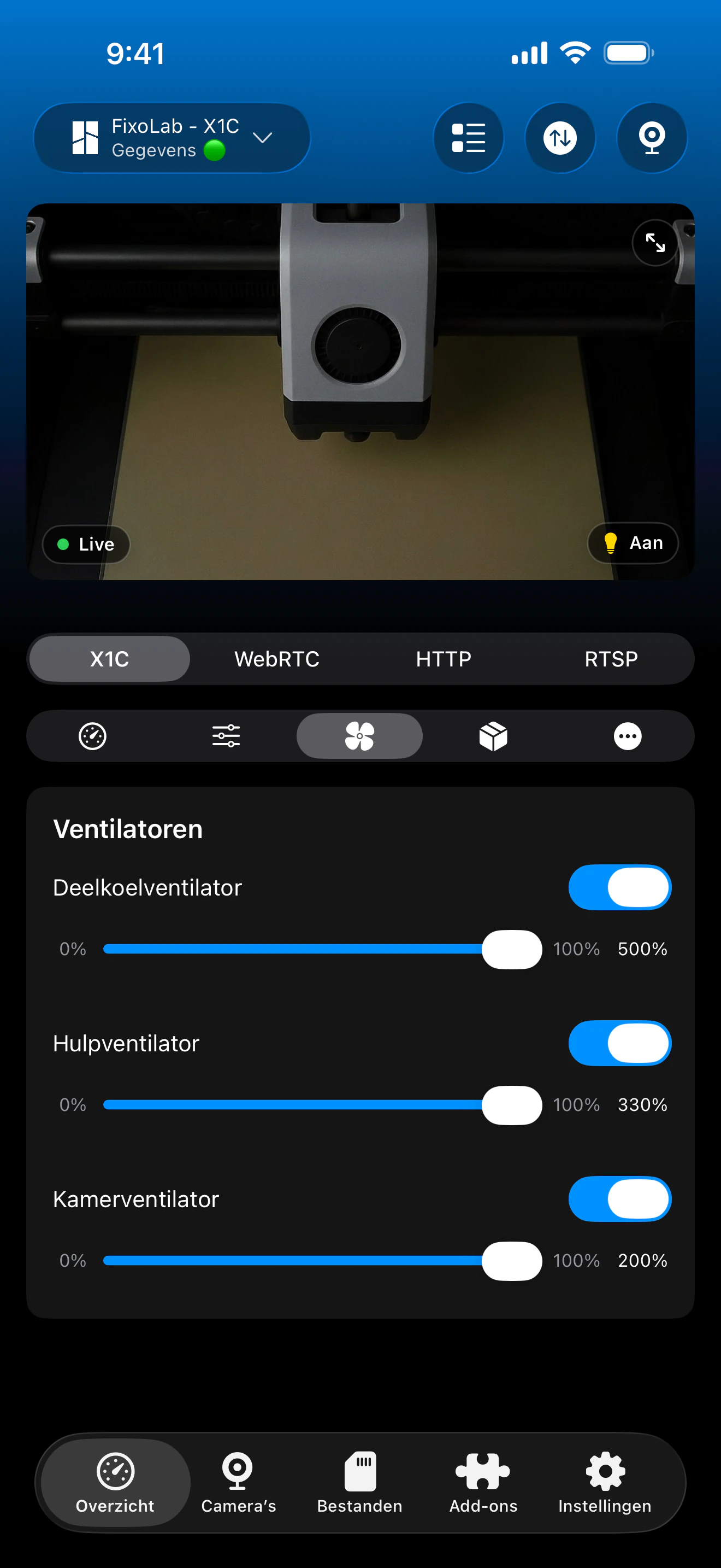 Bambu Lab-ventilatorbediening in Printer Tools
