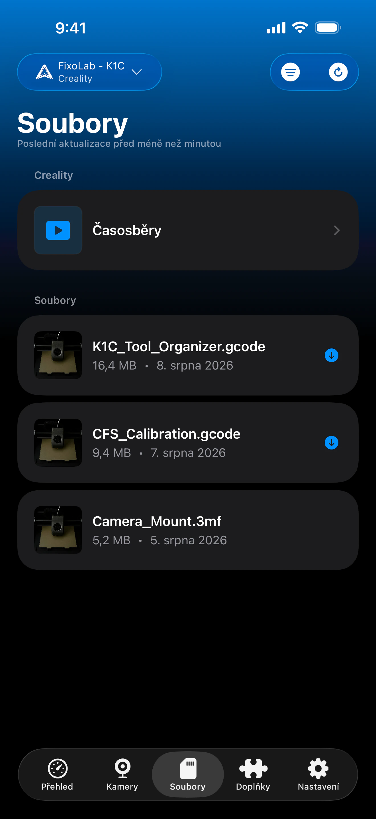 Historie tisku Creality v Printer Tools