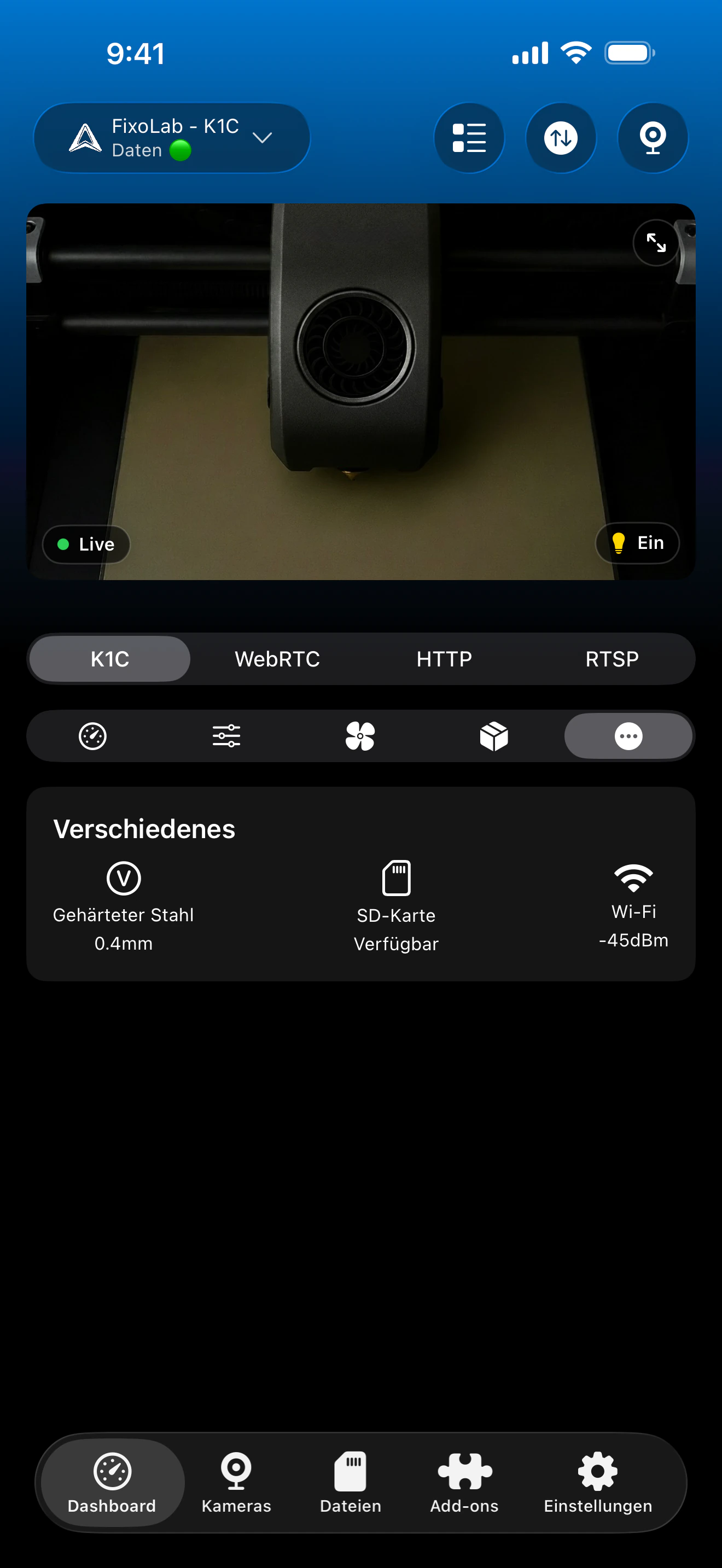 Creality-Übersichts-Dashboard in Printer Tools