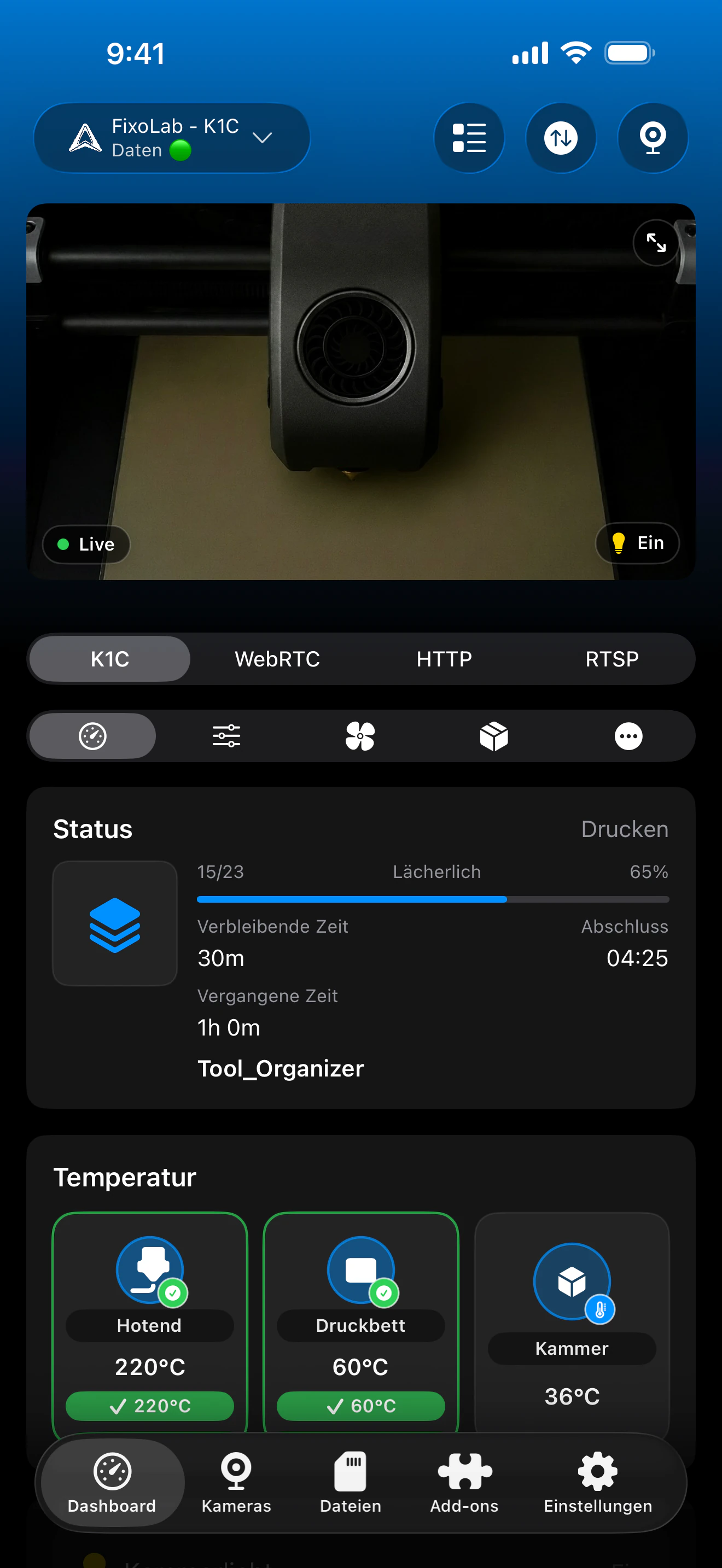 Screenshot des Creality-Dashboards von Printer Tools