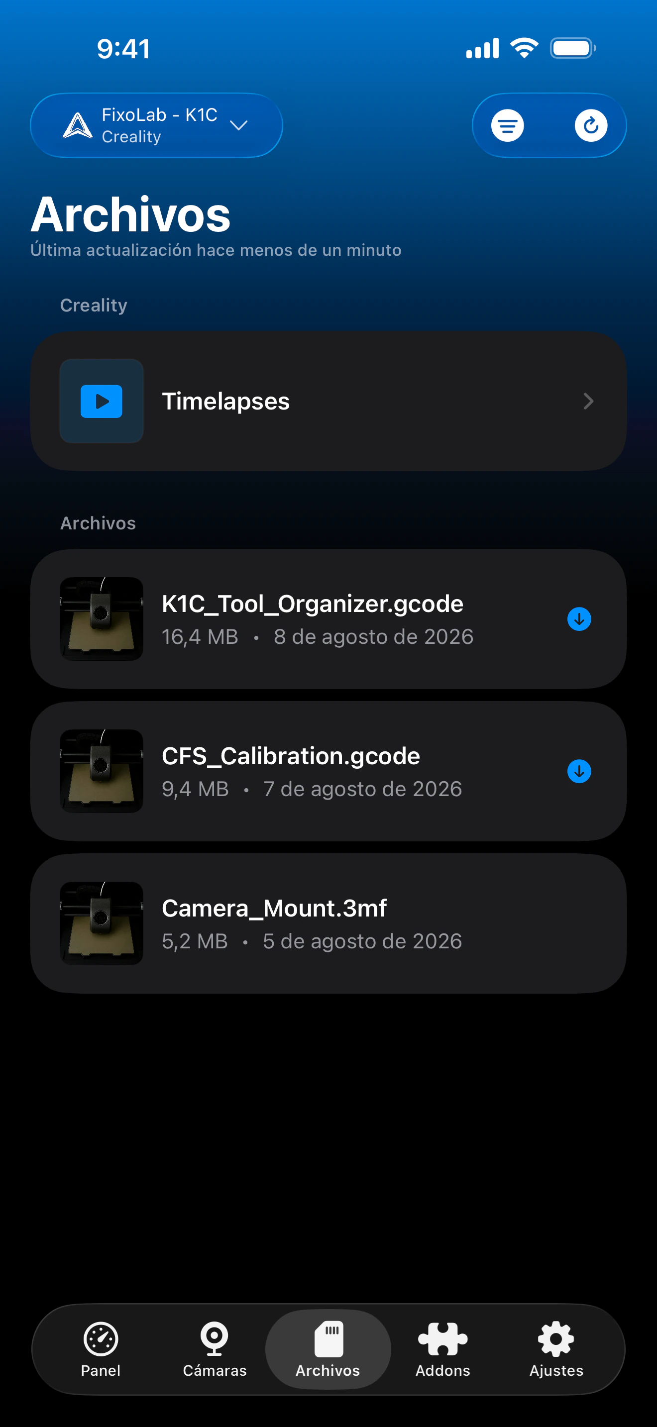 Historial de impresión Creality en Printer Tools