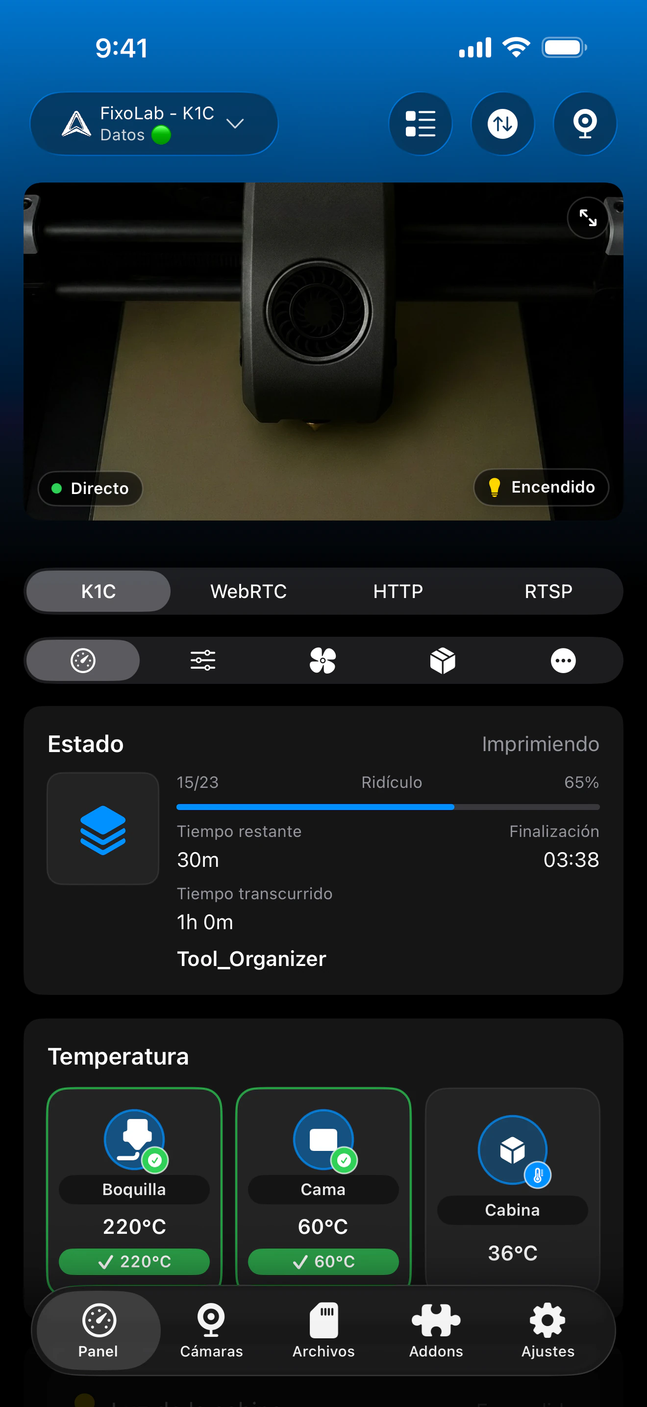 Captura del panel de Creality en Printer Tools