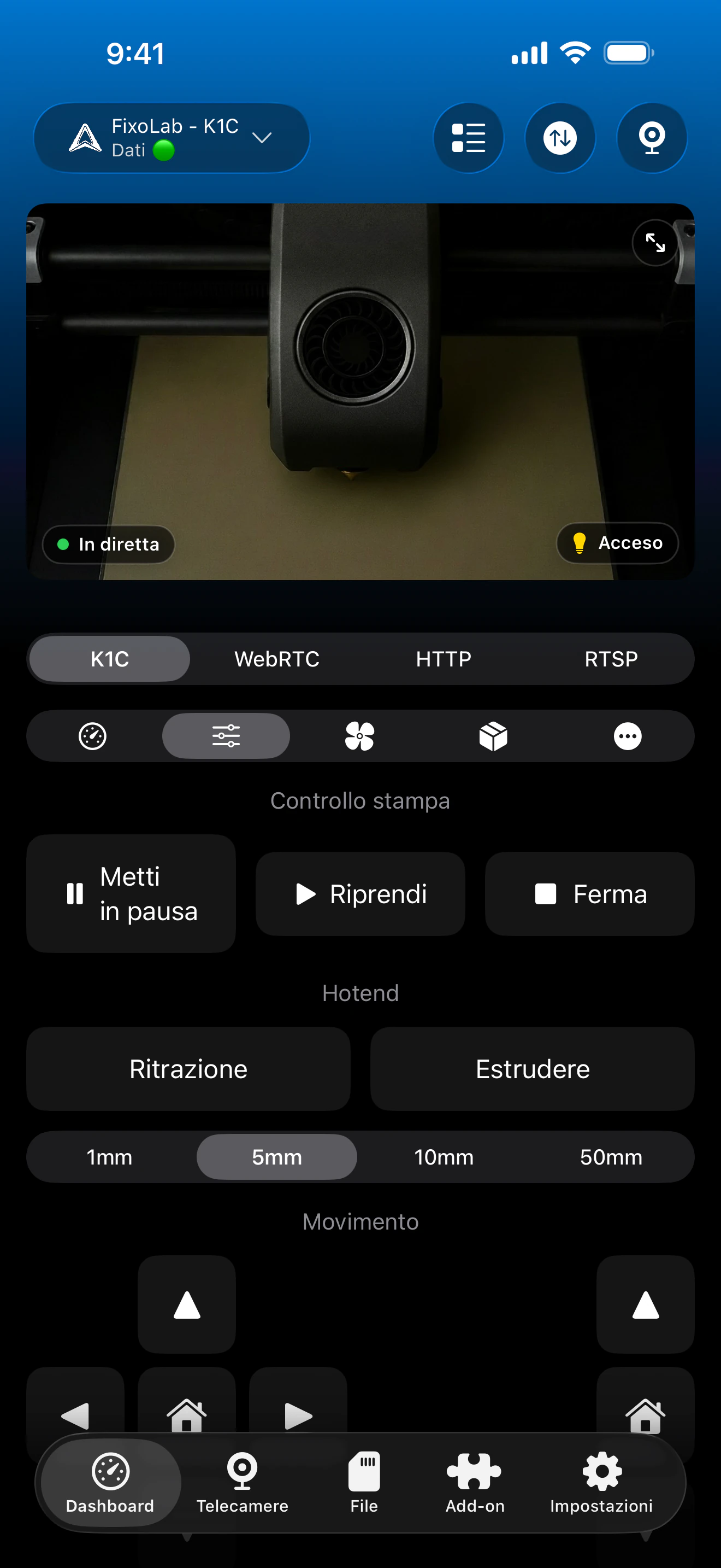 Controllo di stampa Creality K1/K2 in Printer Tools
