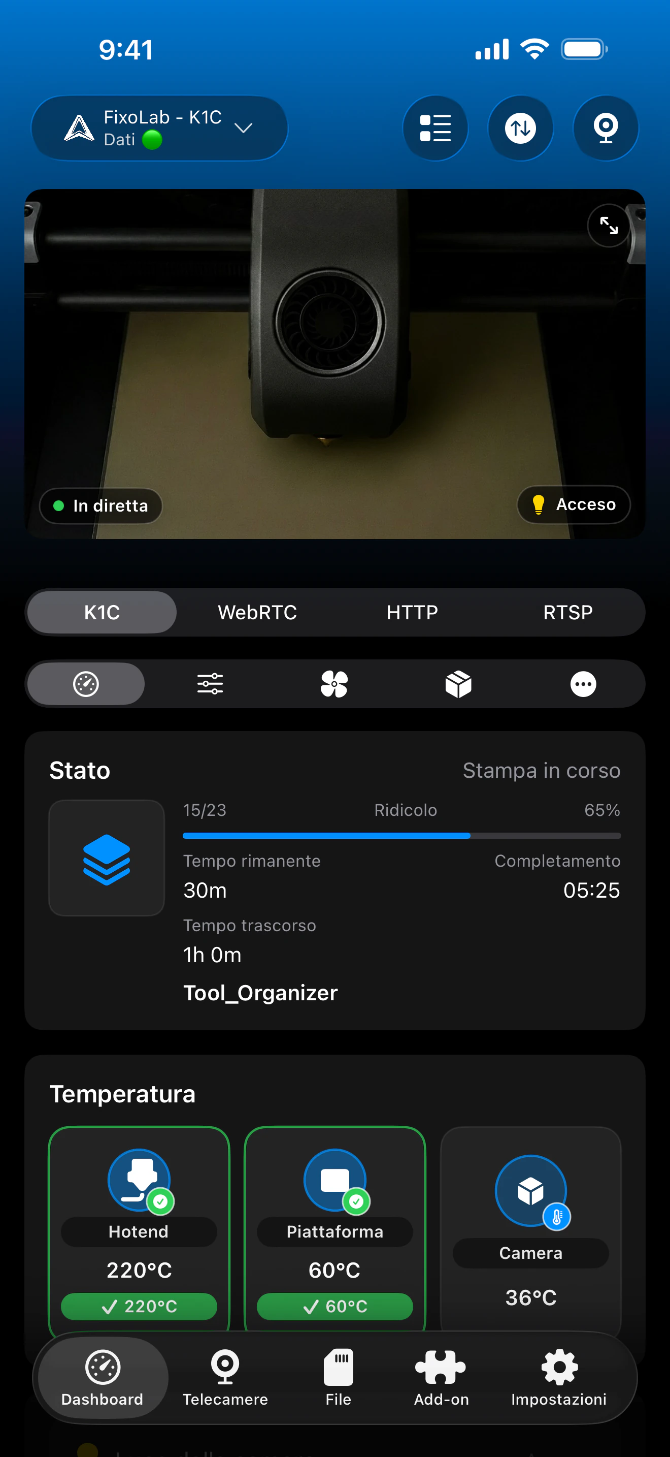 Screenshot della dashboard Creality di Printer Tools