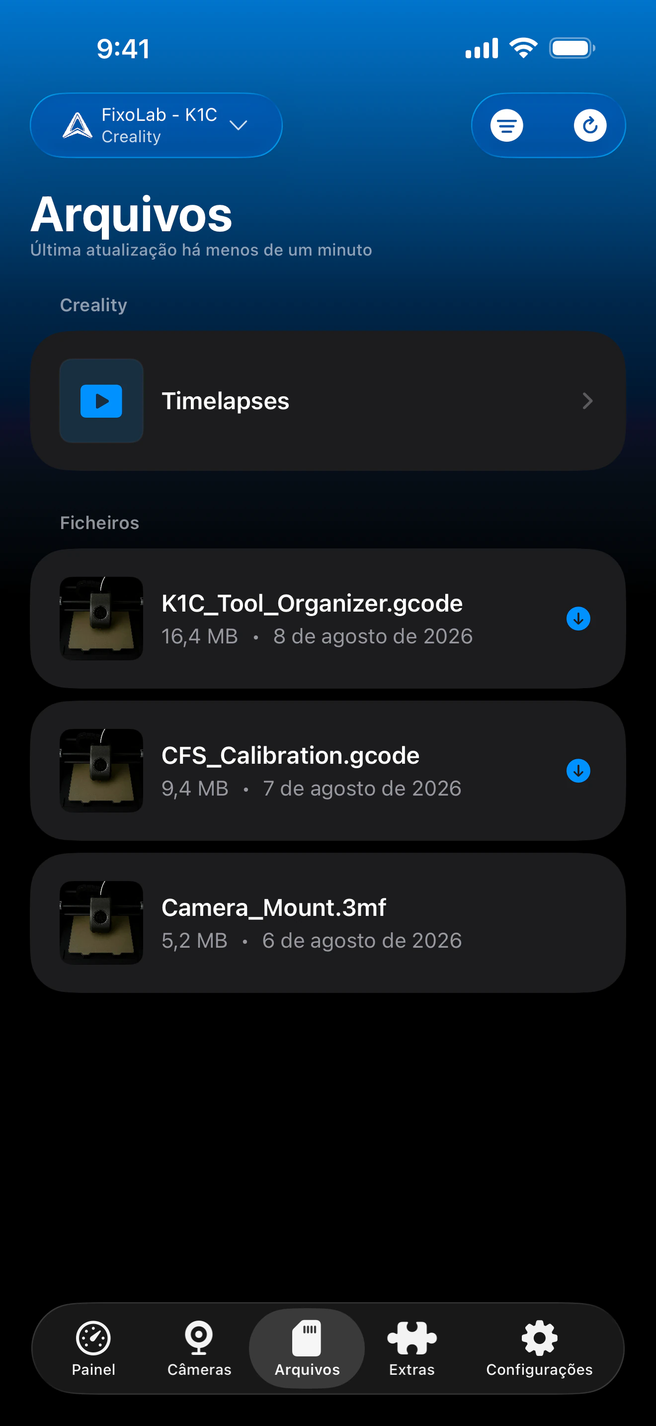 Histórico de impressão Creality no Printer Tools
