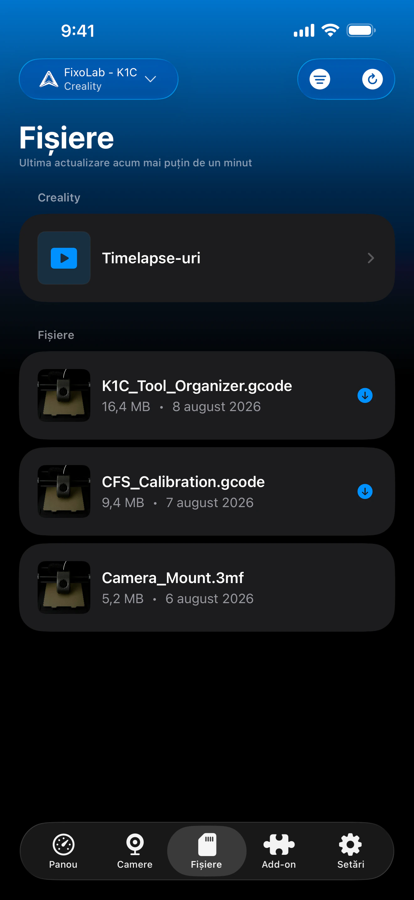 Istoric imprimare Creality în Printer Tools