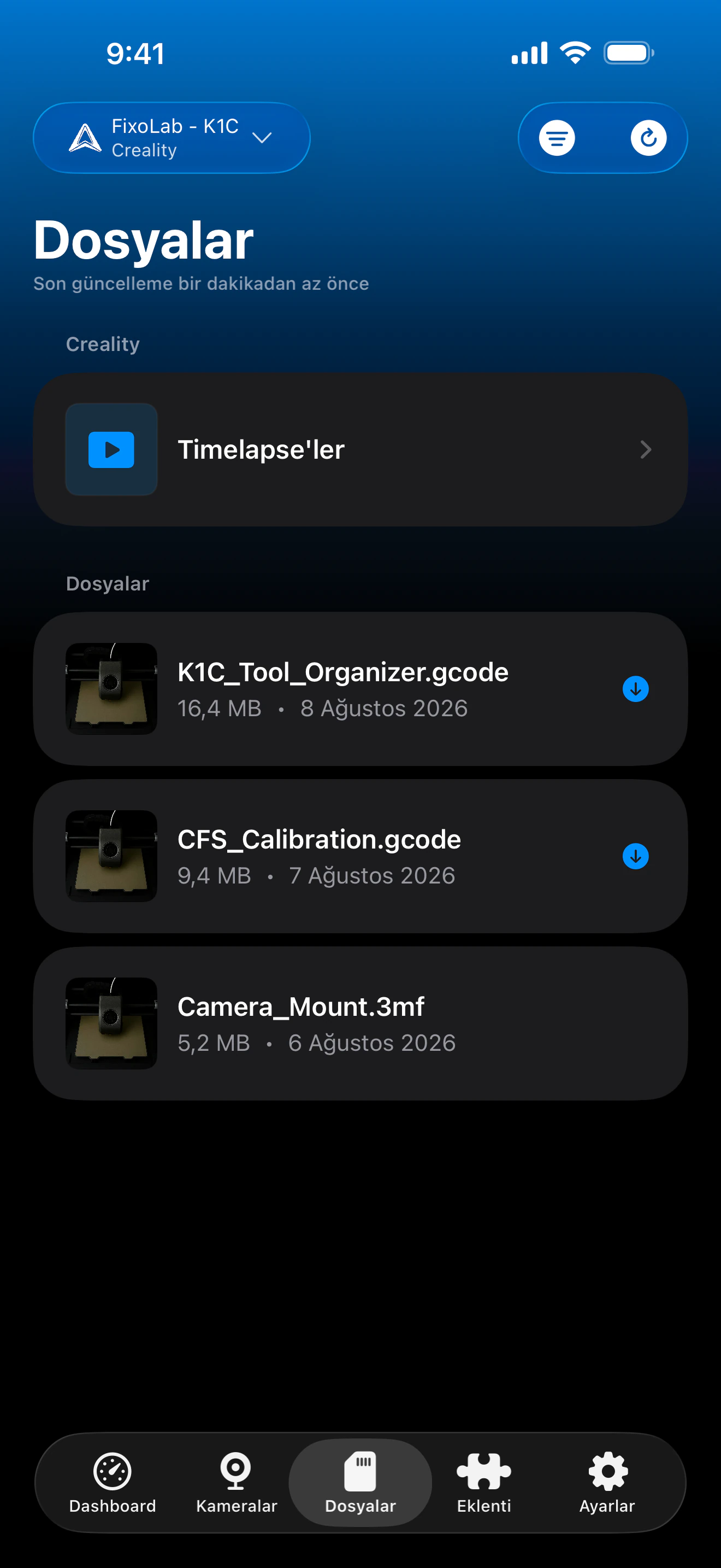 Printer Tools'ta Creality baskı geçmişi