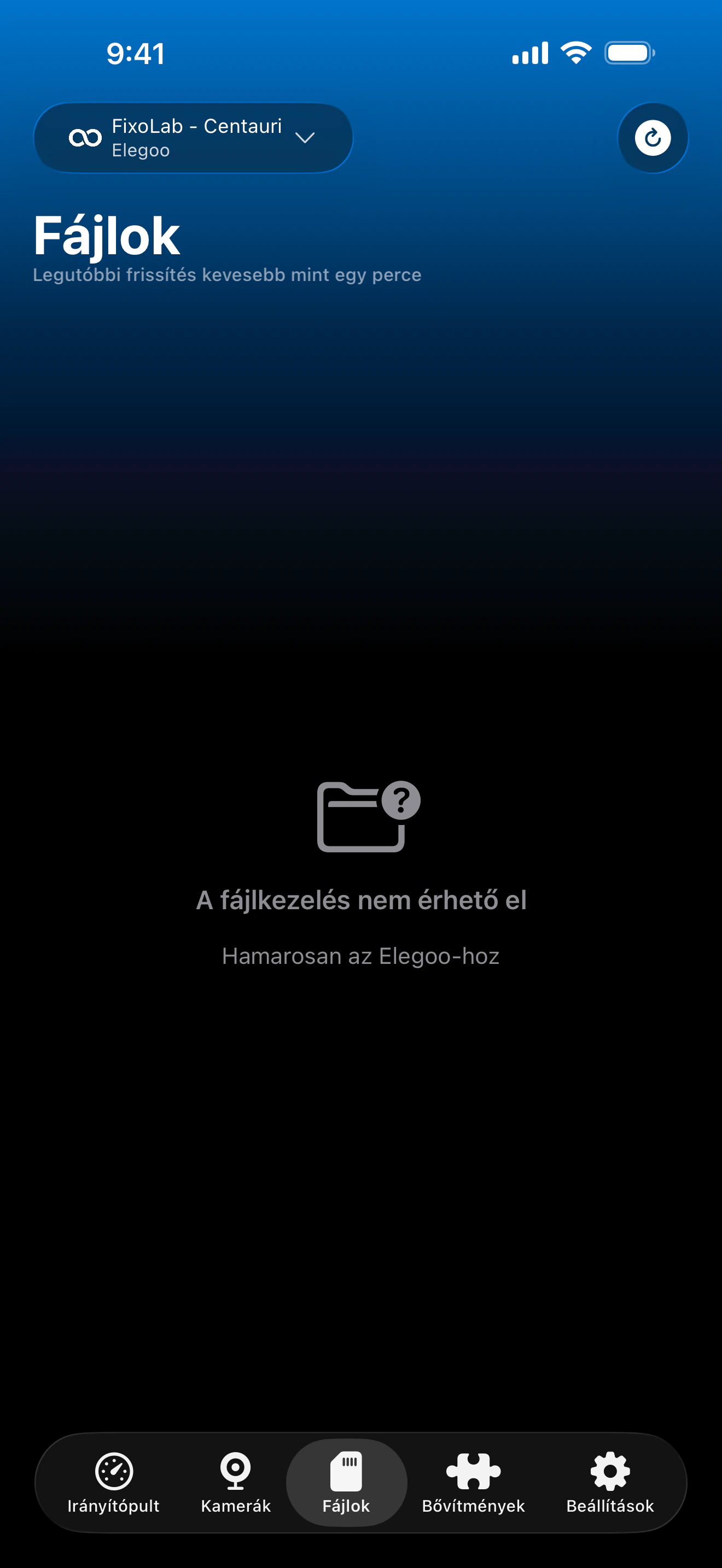 Elegoo fájlkezelési állapot a Printer Toolsban