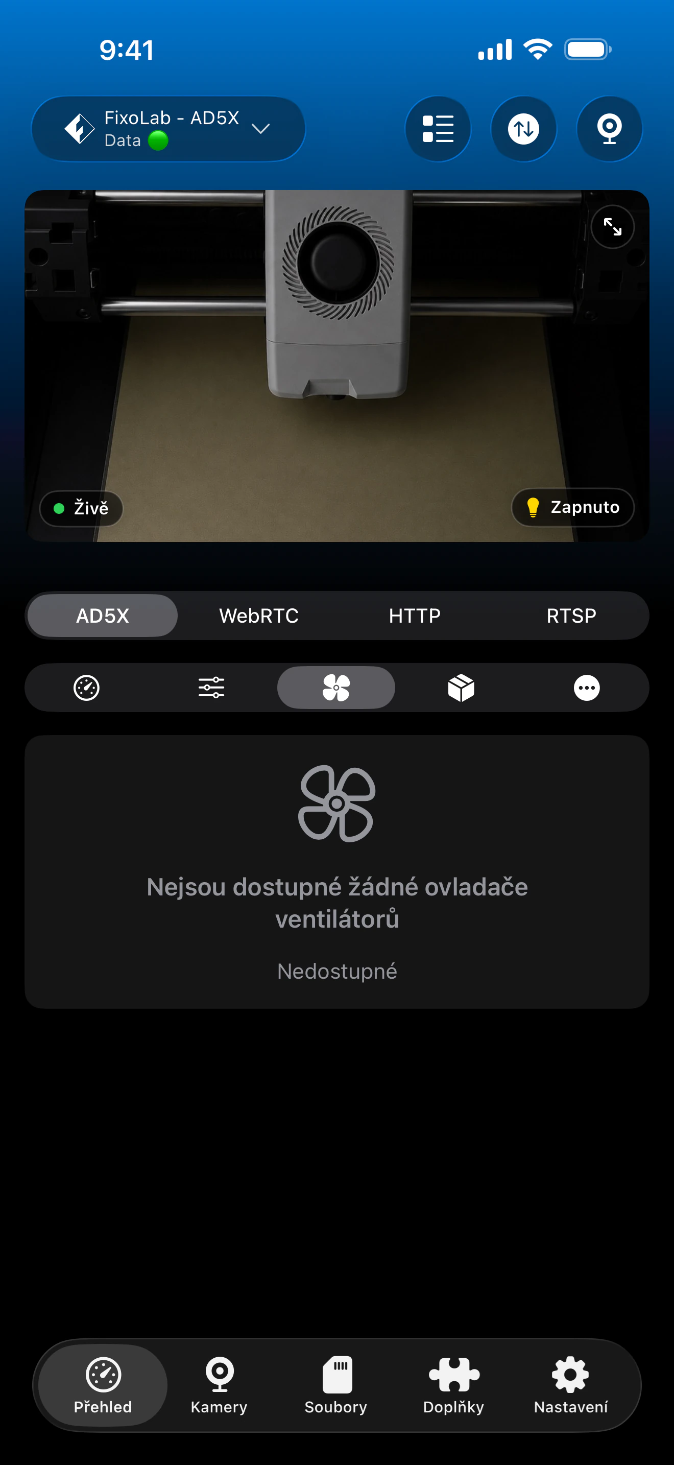 Ovládání ventilátorů Flashforge v Printer Tools